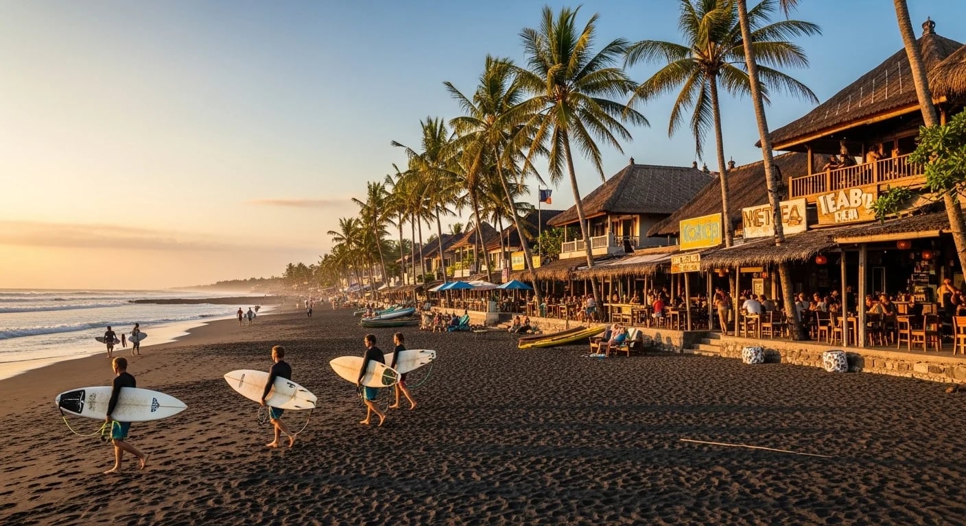 Canggu surf beach scene at sunset - the lifestyle district within easy scooter reach of Casa Petak