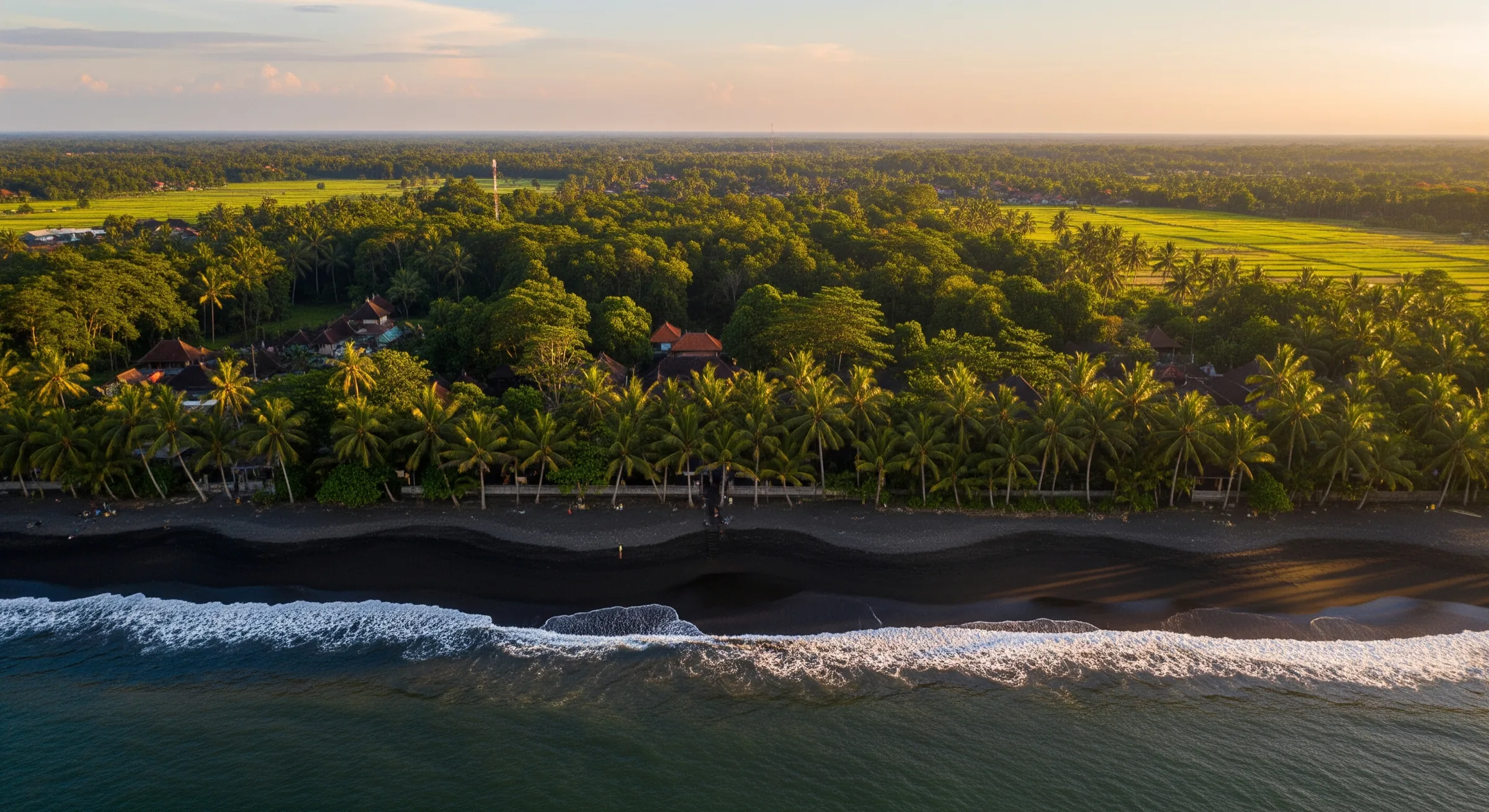 Aerial view of the Bali coastline at Cemagi, with surf, palm belt and rice fields
