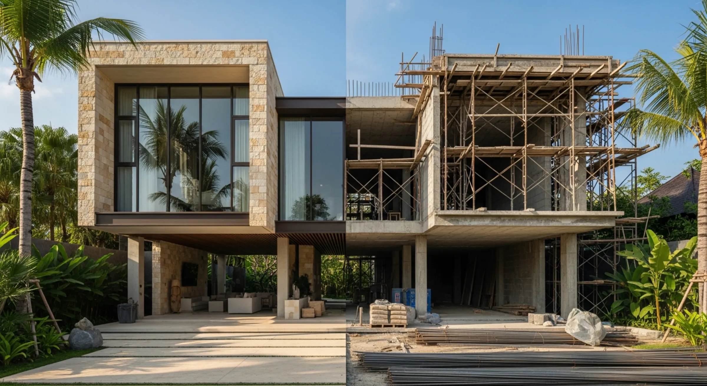 Bali villa construction site showing reinforced concrete structure and tropical landscaping with workers on site