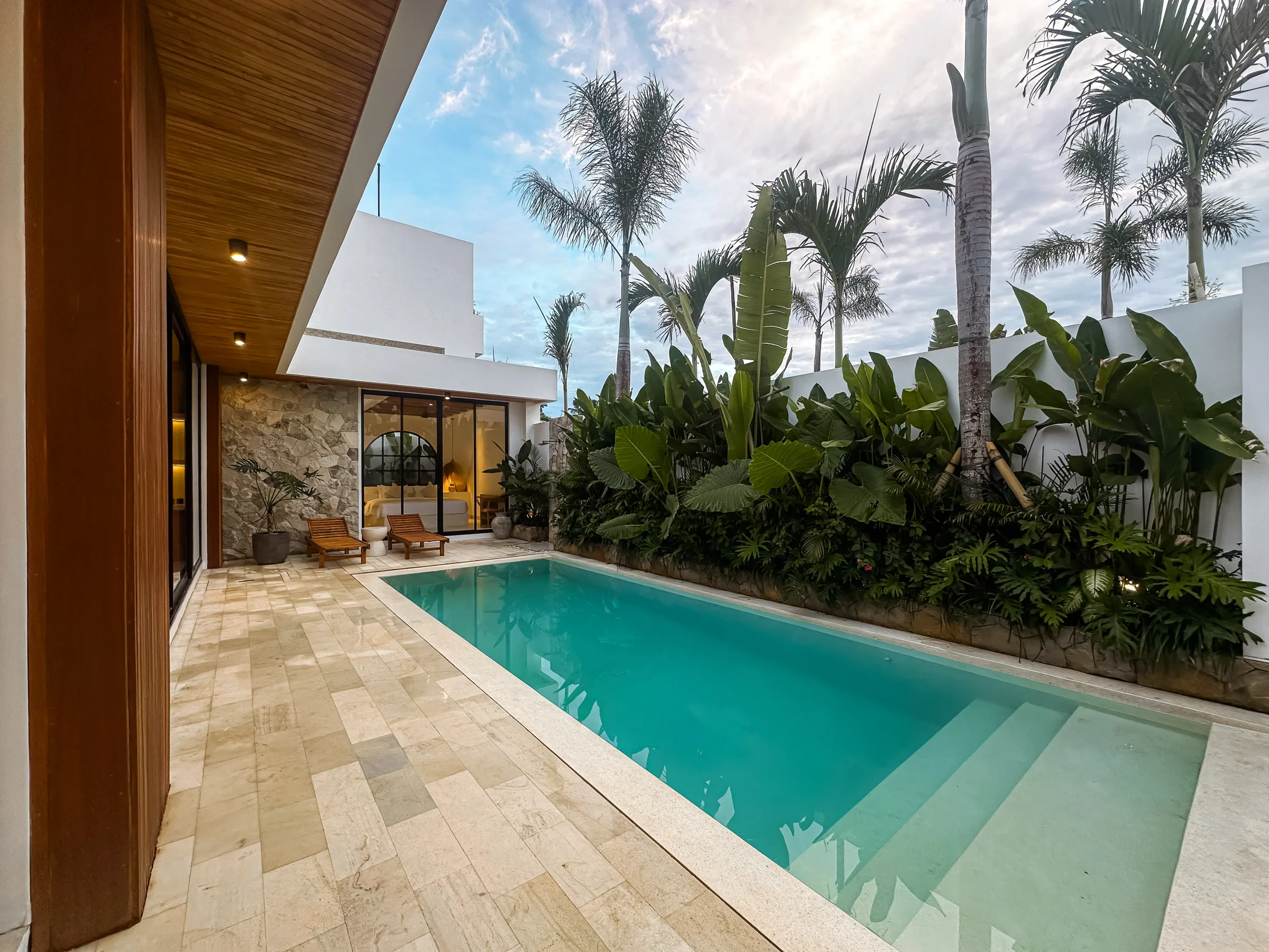Casa Petak - the pool and travertine deck beside tropical planting and palms