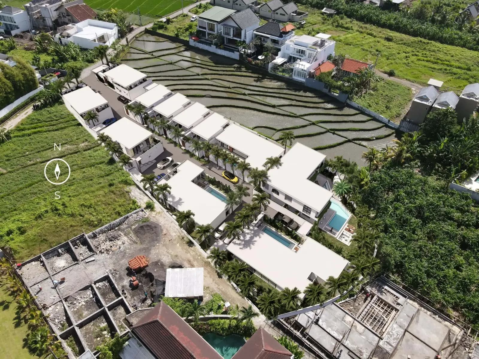 Casa Petak from the air: a finished Balitecture development among rice fields in Canggu