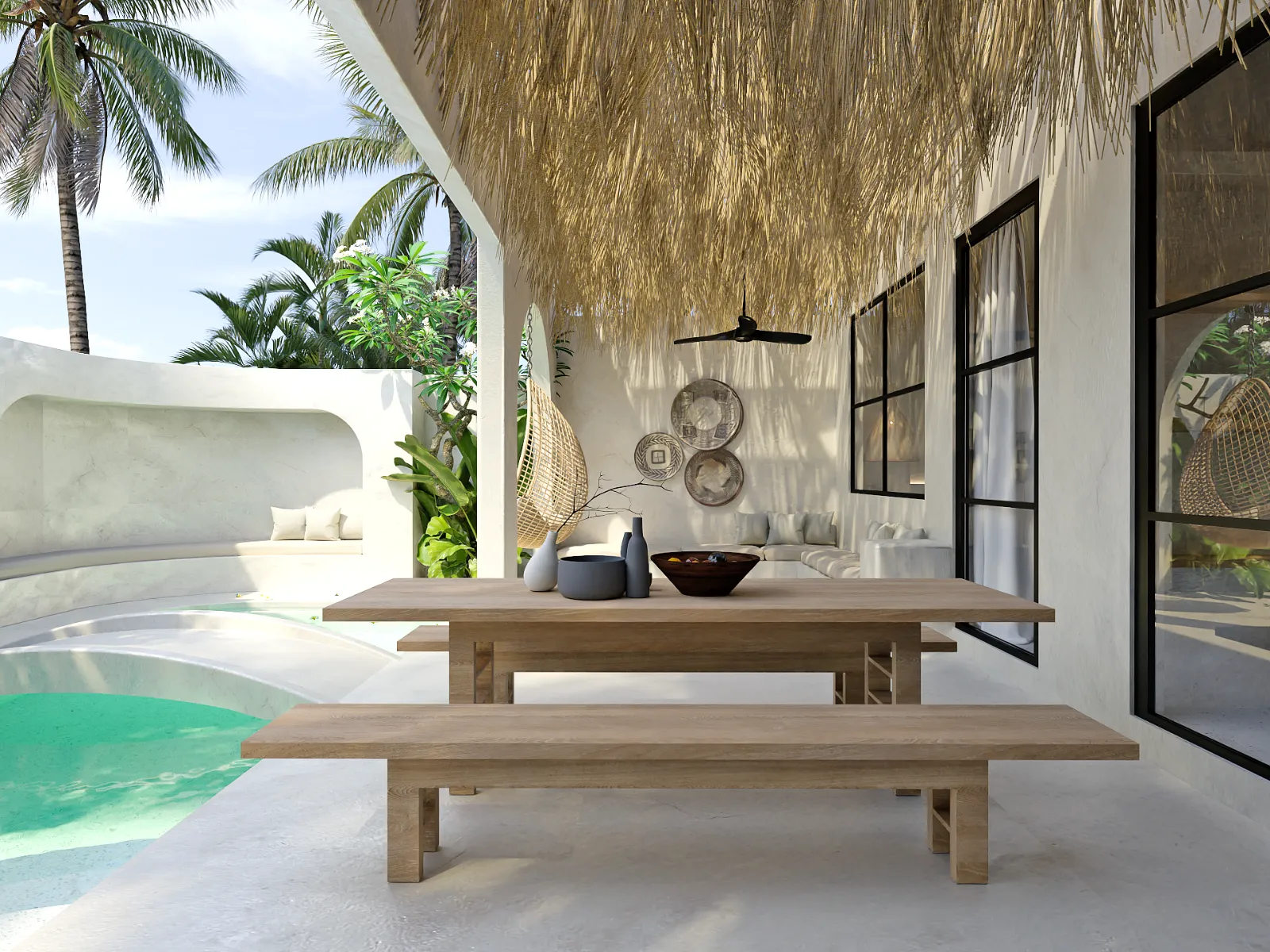 Casita Alas open kitchen and dining with hanging rattan chair