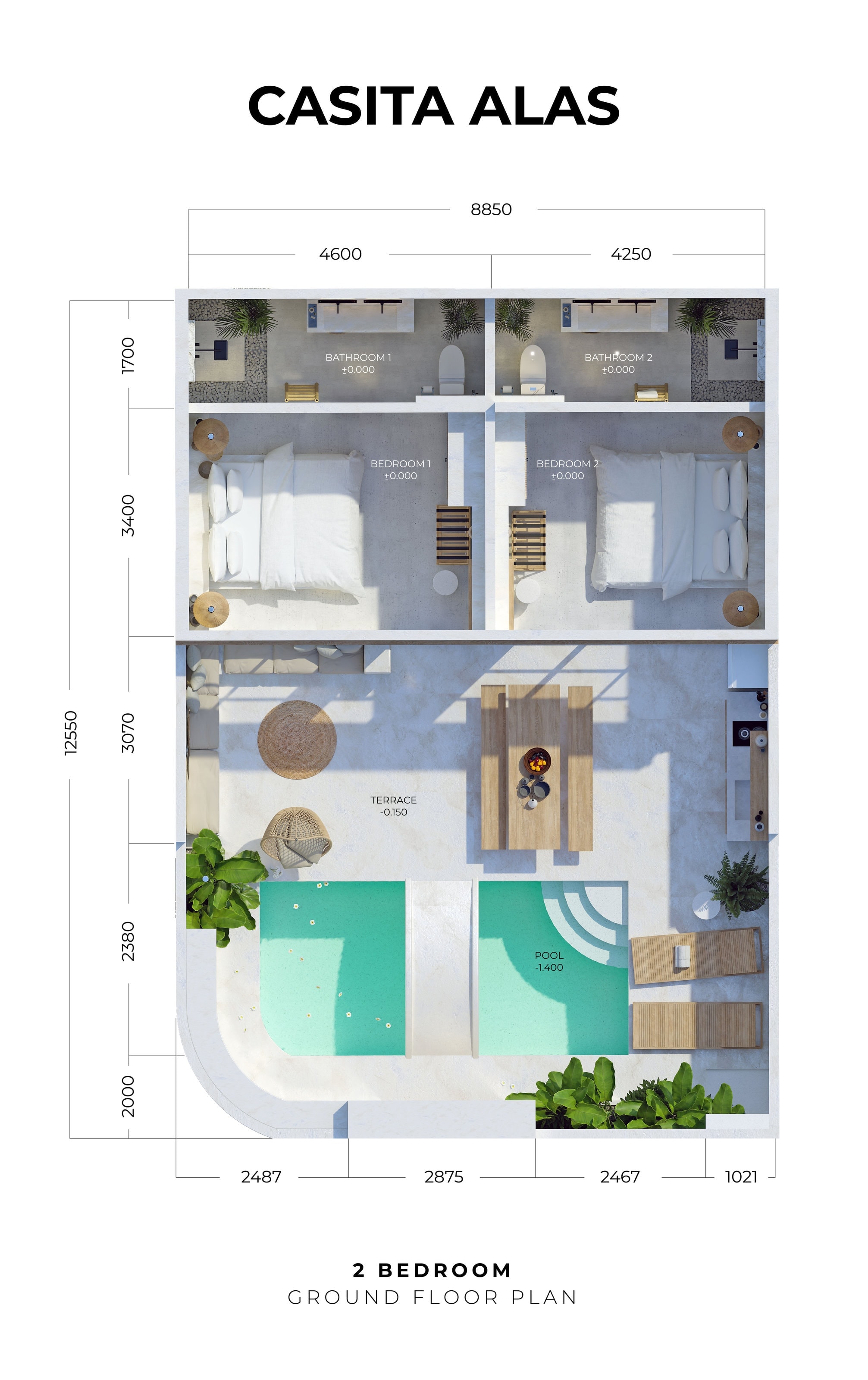 Casita Alas 2-bedroom ground floor plan - two bedrooms, two bathrooms, shared terrace, plunge pool