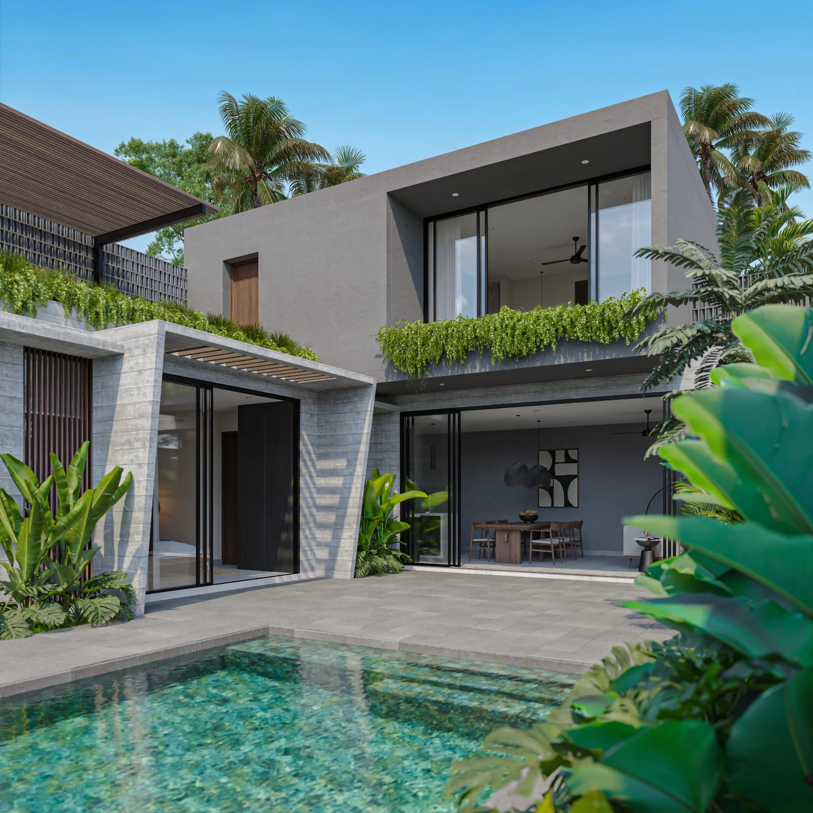 Dasa Ubud open living volume opening onto the pool deck