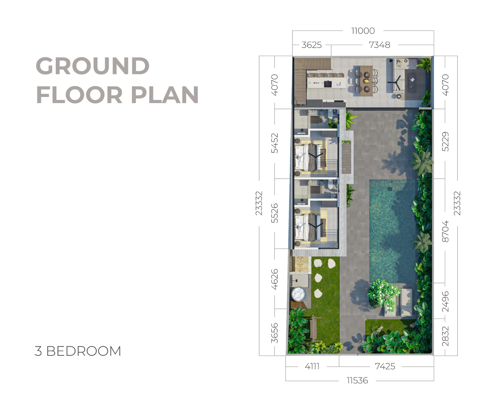 Dasa Ubud 3-bedroom ground floor plan - master suite, kitchen, dining, pool deck, garden