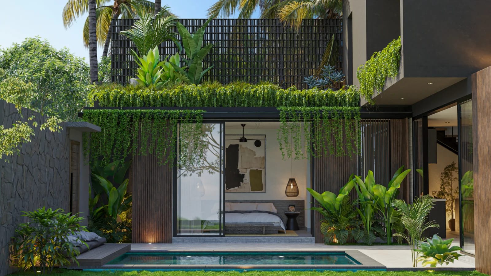 Nara Villas biophilic design - lush tropical landscaping integrated into architecture