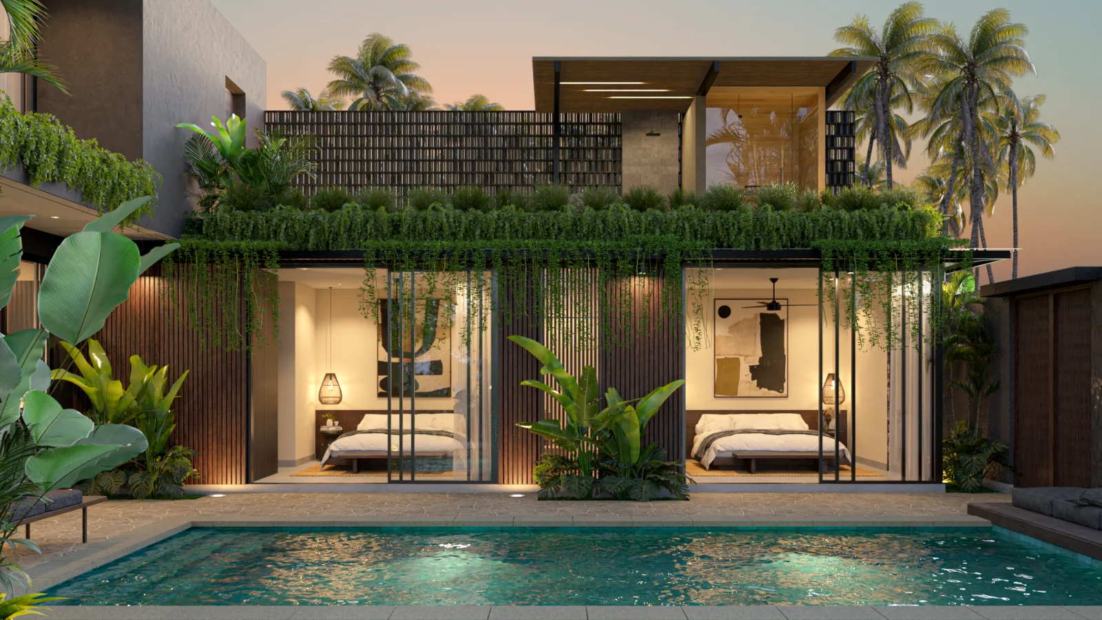Nara Uluwatu 3-bedroom villa at dusk with mirror-still pool, by Balitecture