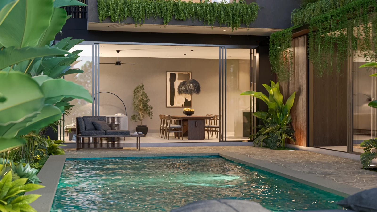Nara Villas biophilic design - lush tropical landscaping integrated into architecture