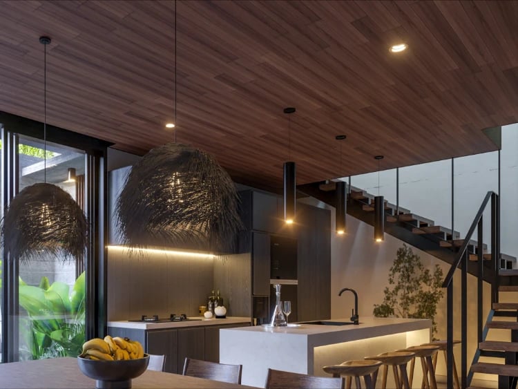 Nara Villas living room with solid teakwood ceiling upgrade