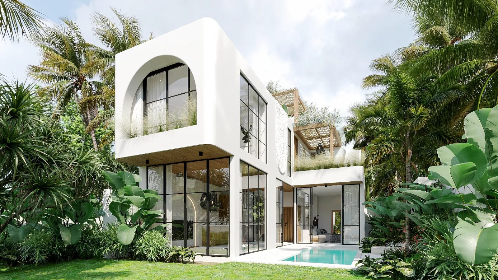 Solas Uluwatu exterior in daylight - white render and arched Mediterranean forms