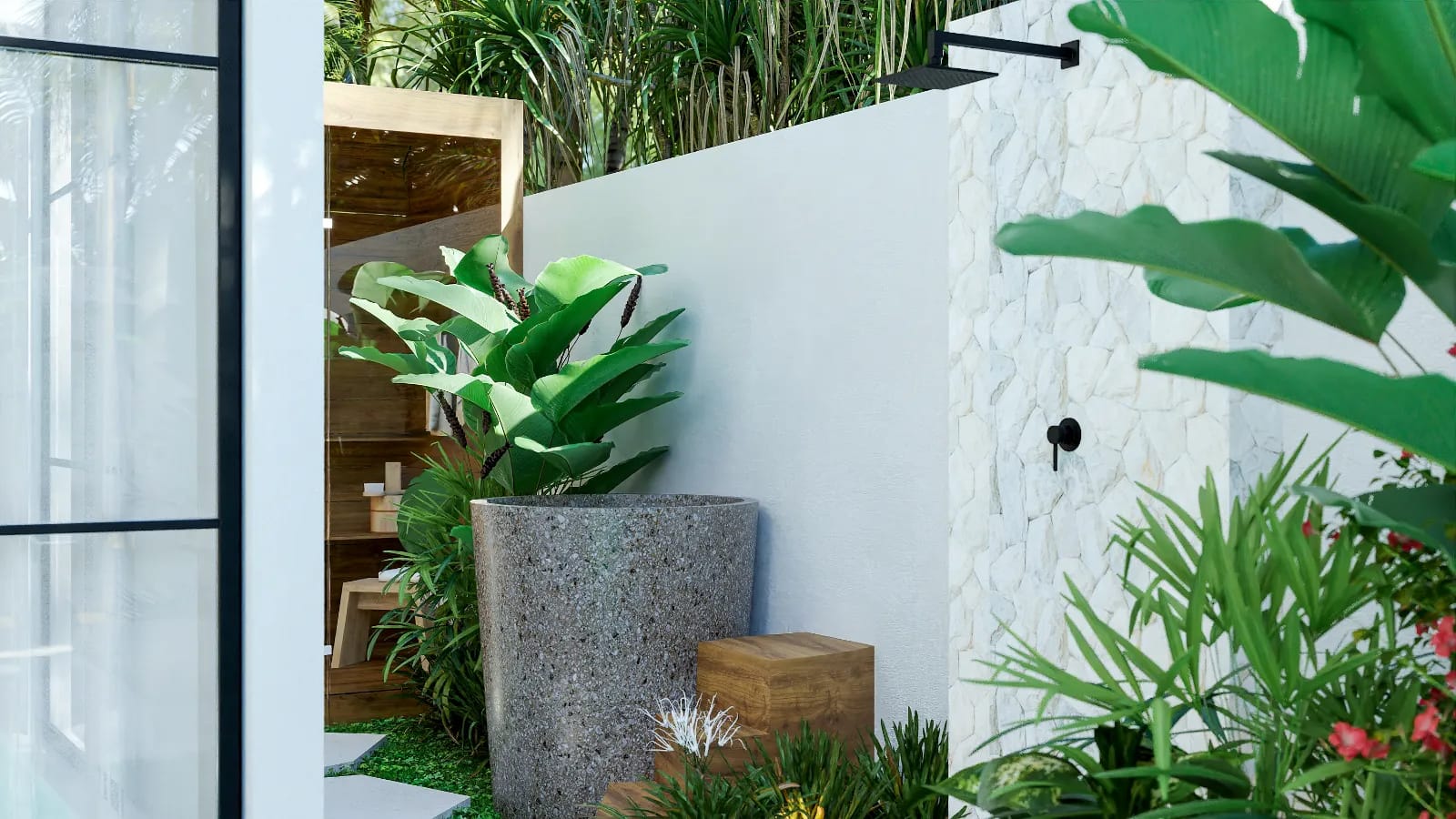 Solas Uluwatu outdoor shower with tropical planting