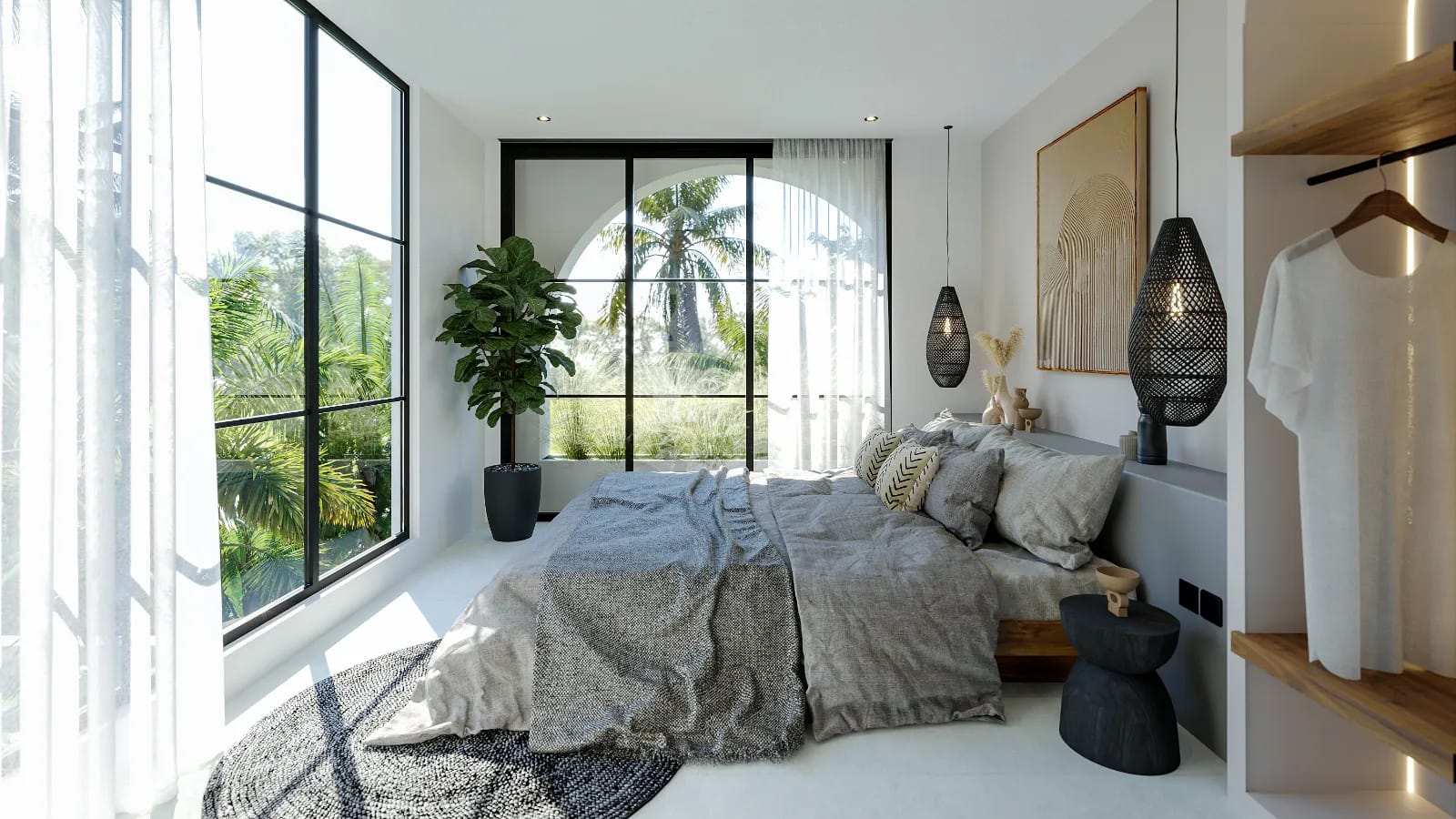 Solas Uluwatu bedroom with arched window framing palms