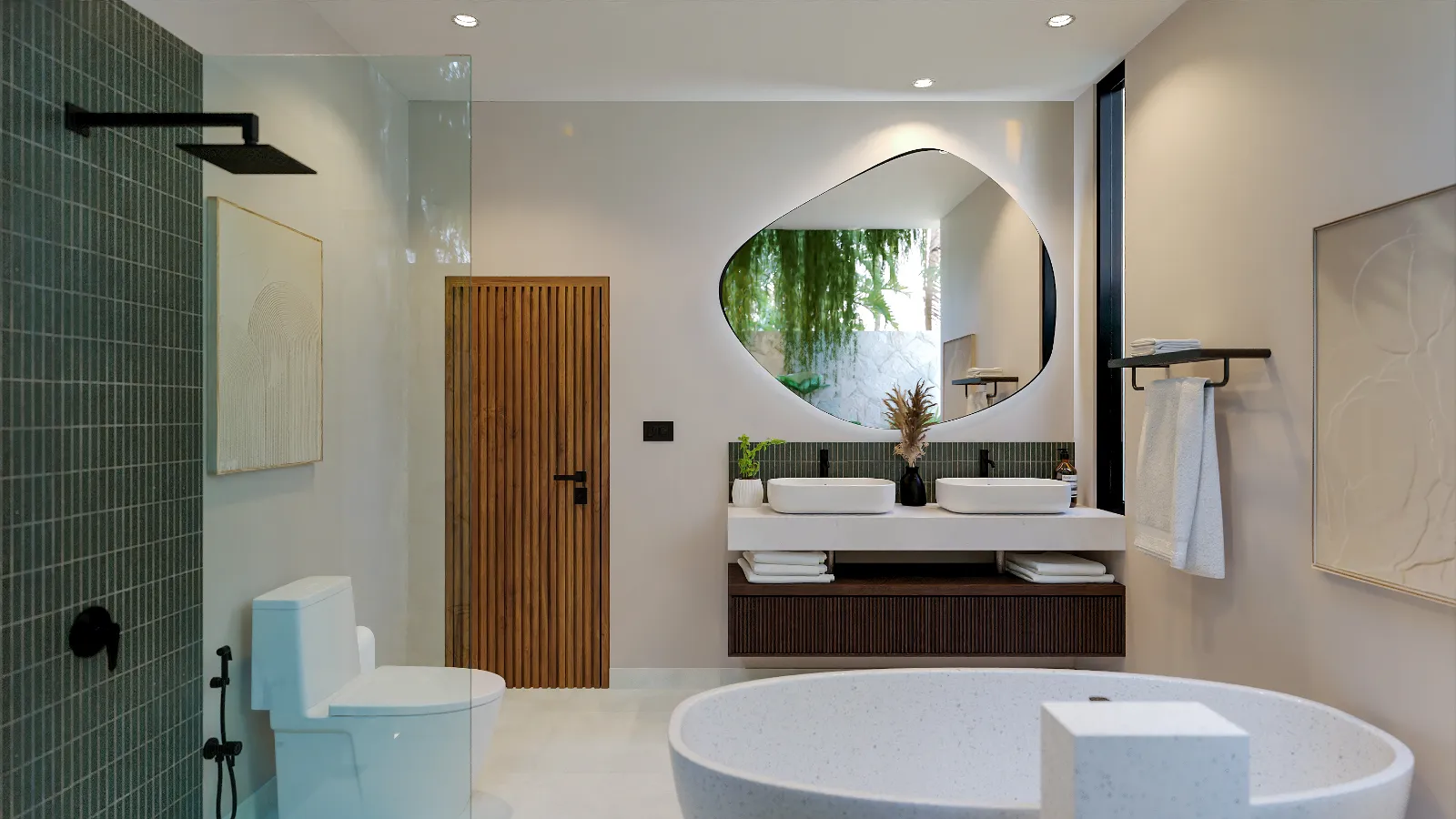 Solas Uluwatu primary bathroom with freestanding terrazzo tub