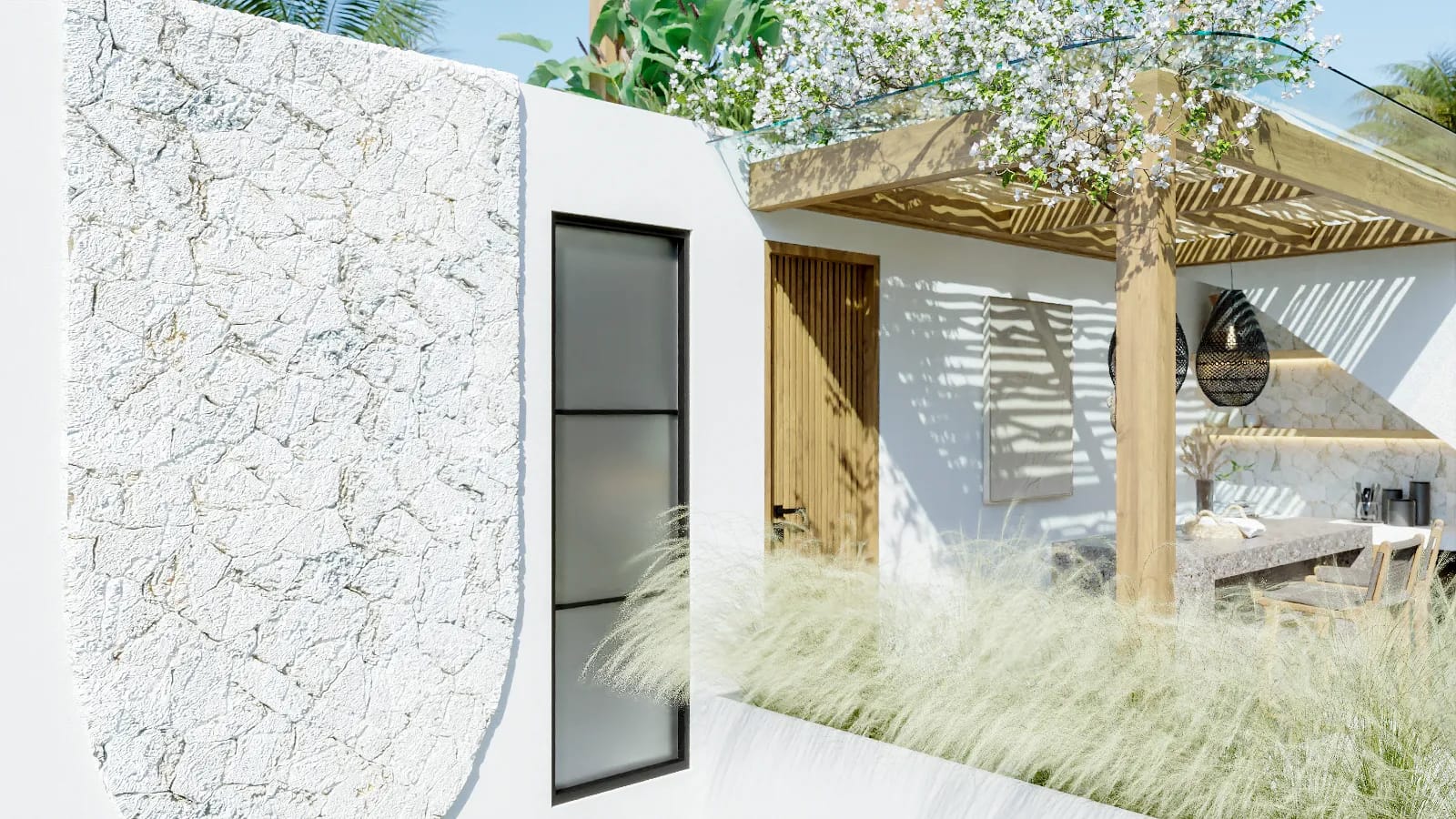 Solas Uluwatu entry approach with stone wall and timber door