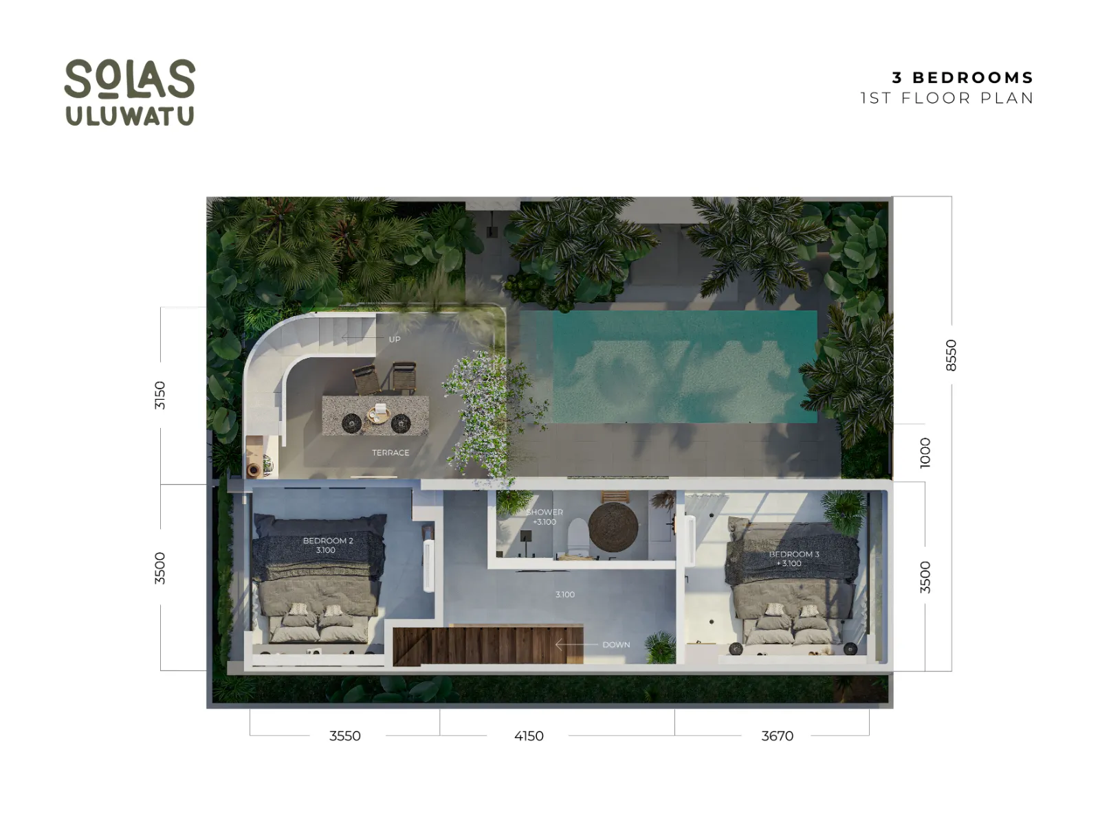 Solas Uluwatu 3-bedroom first floor plan - bedrooms two and three, shared bathroom, terrace