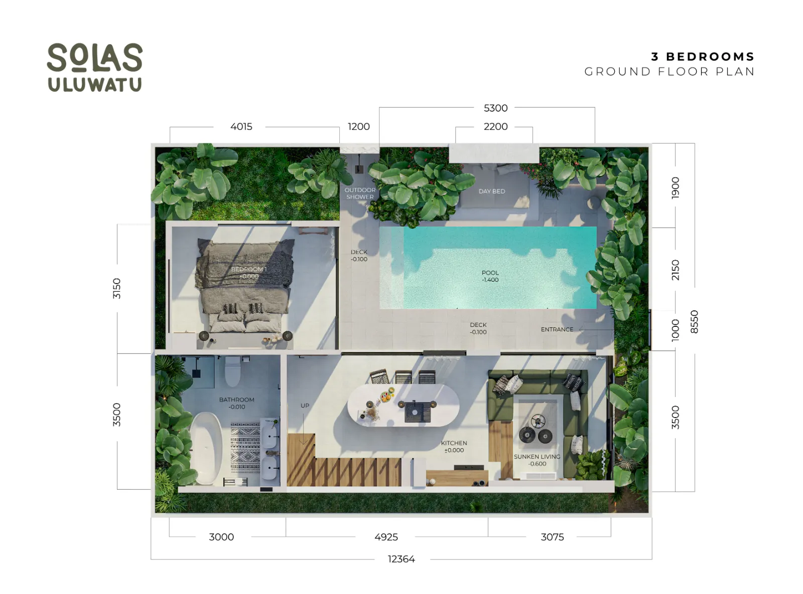 Solas Uluwatu 3-bedroom ground floor plan - bedroom one, kitchen, sunken living, pool
