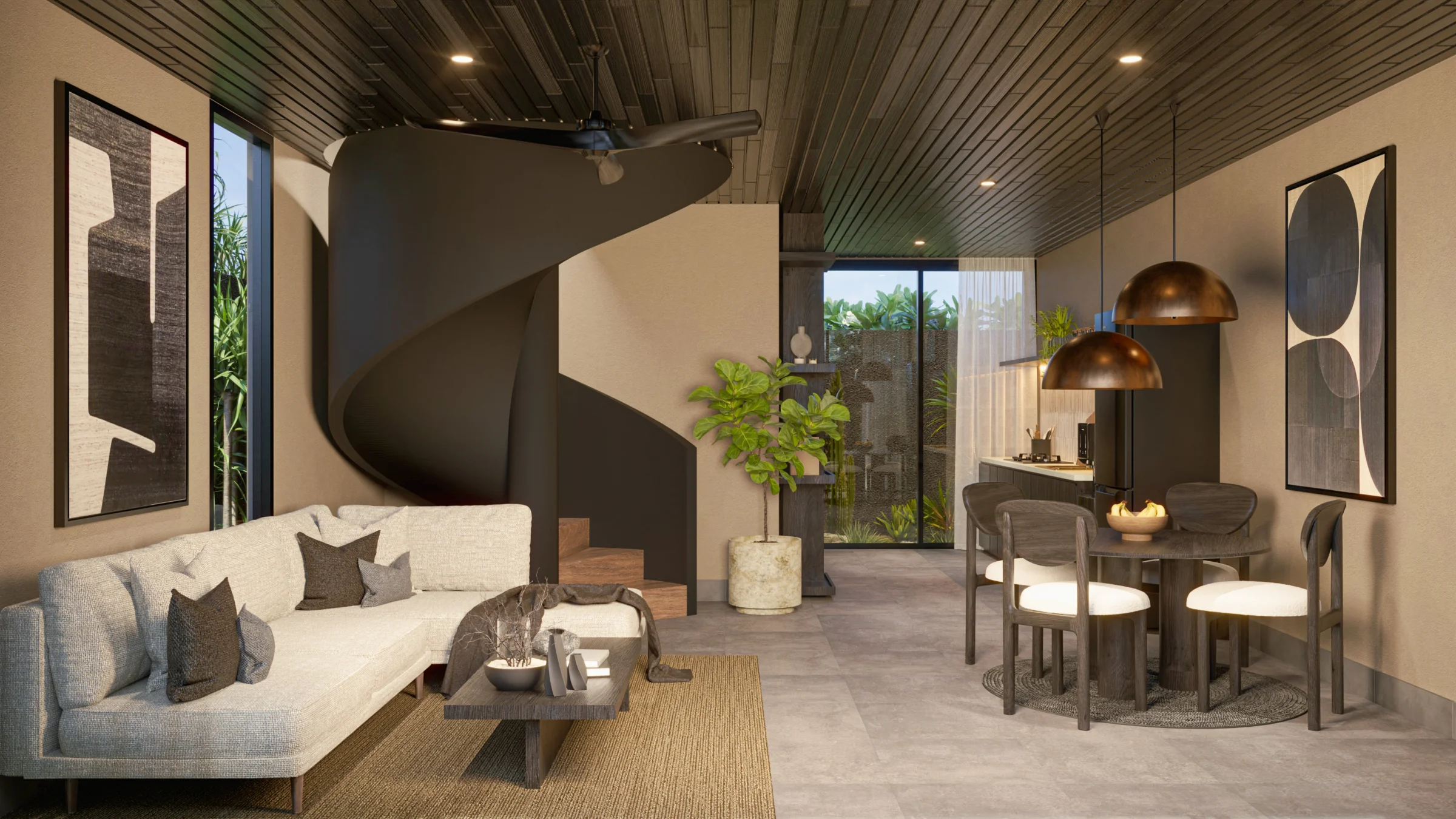 Suku 2-bedroom living room with the signature spiral staircase
