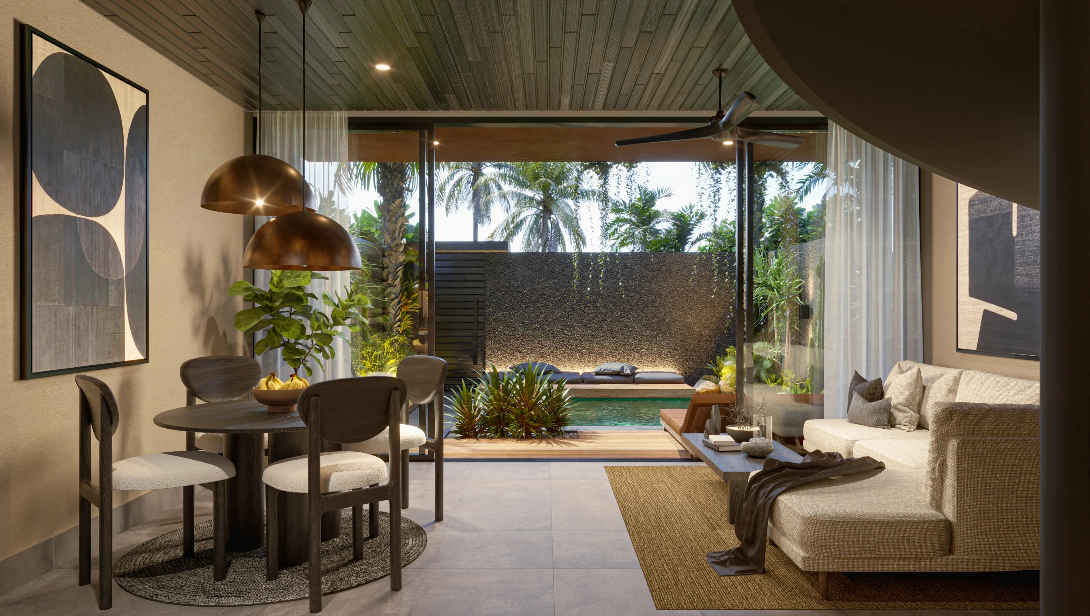 Suku 2-bedroom living area with solid teakwood slat ceiling upgrade