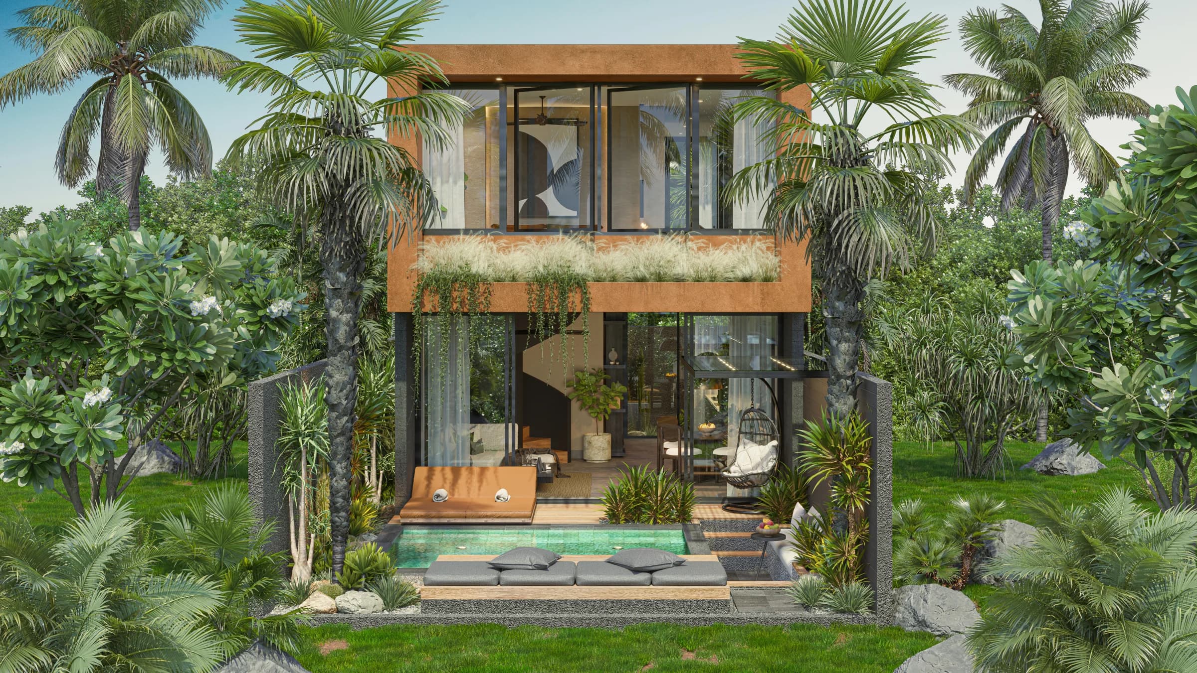 Suku Residences 2-bedroom villa in Uluwatu, Bali - facade view in terracotta or grey