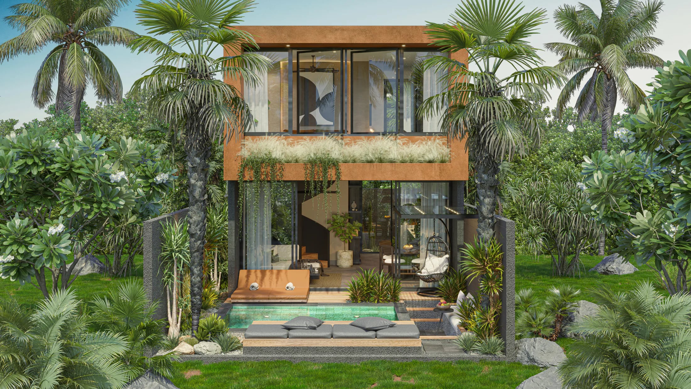 Suku Residences 2-bedroom villa in Uluwatu, Bali - facade view in terracotta or grey