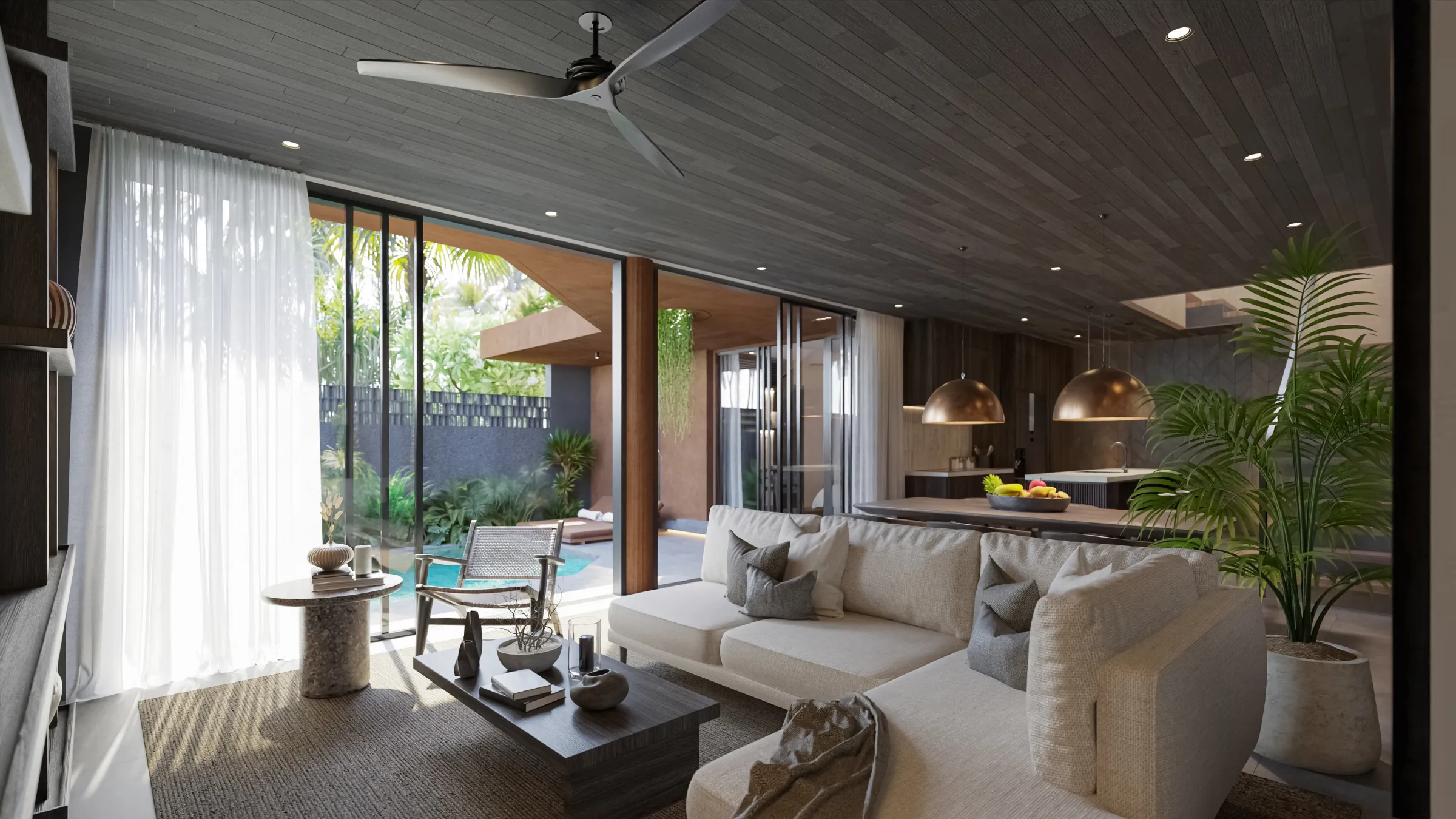 Suku 3-bedroom open-plan living and dining with timber slat ceiling, ceiling fan, copper pendants and sectional sofa overlooking the pool