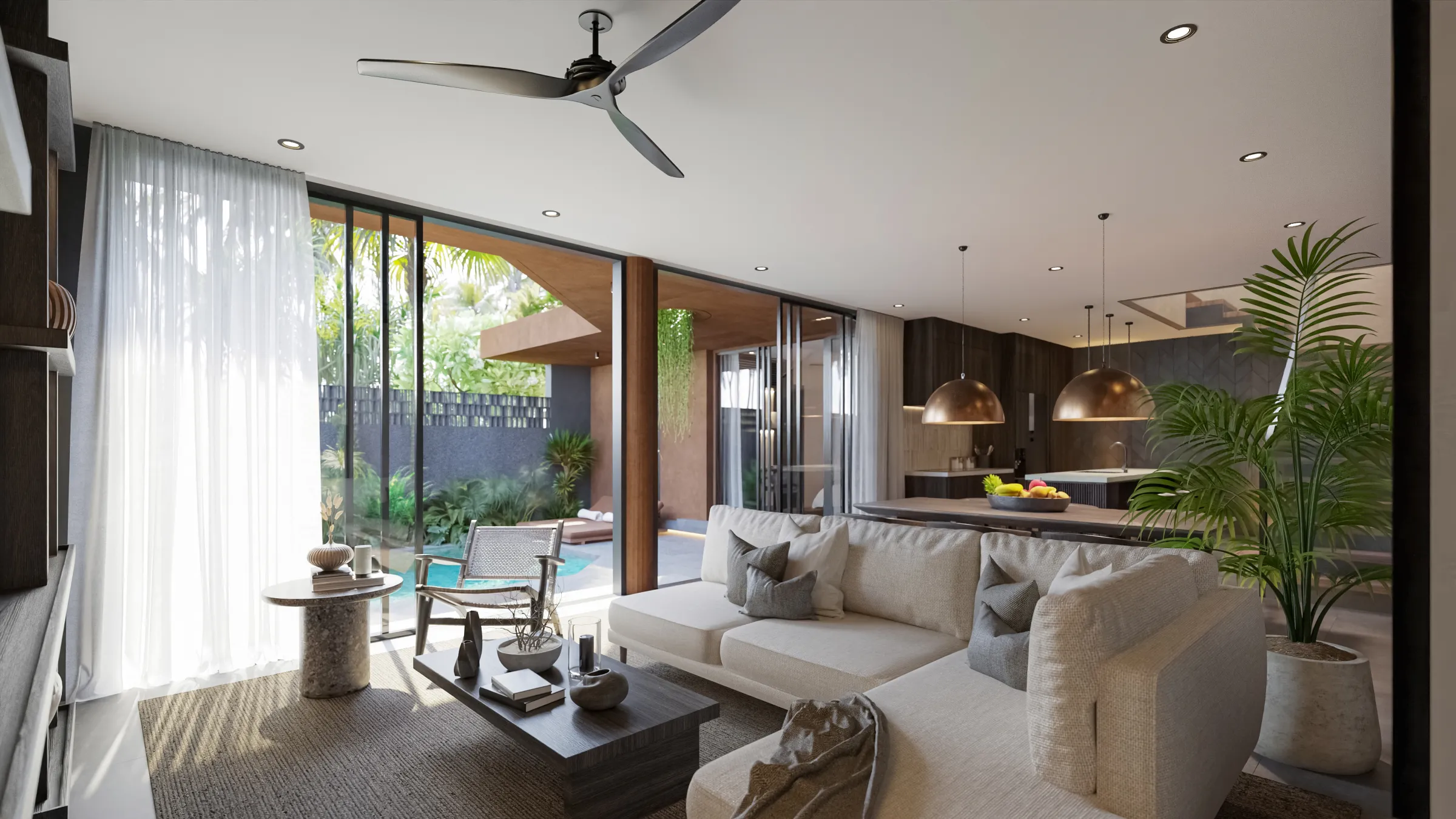 Suku 3-bedroom open-plan living and dining with painted ceiling, ceiling fan, copper pendants and sectional sofa overlooking the pool