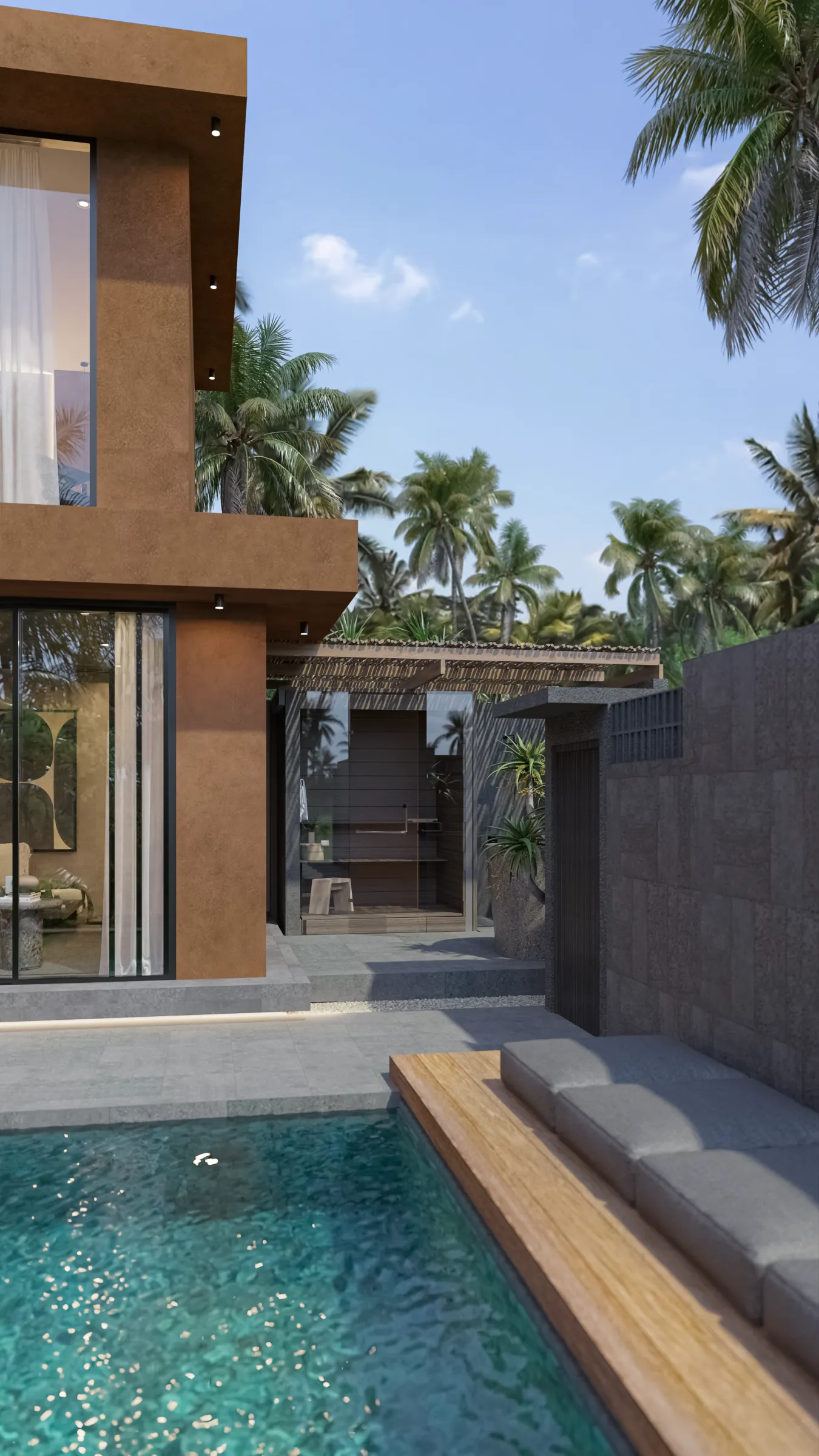 Suku 3-bedroom terracotta facade with private sauna and ice bath pavilion behind the pool deck
