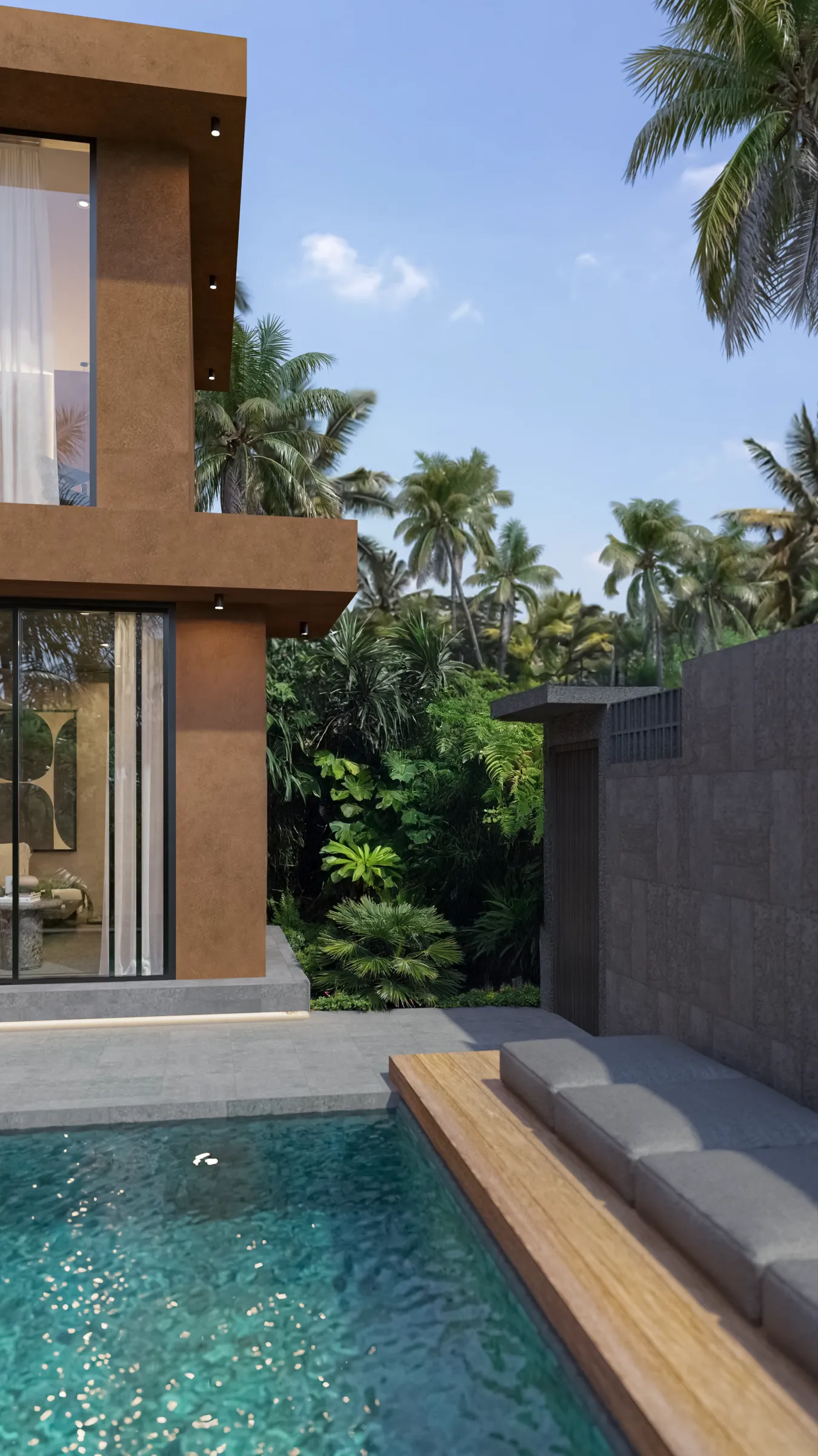 Suku 3-bedroom terracotta facade with private pool, stone surround and tropical garden - base configuration
