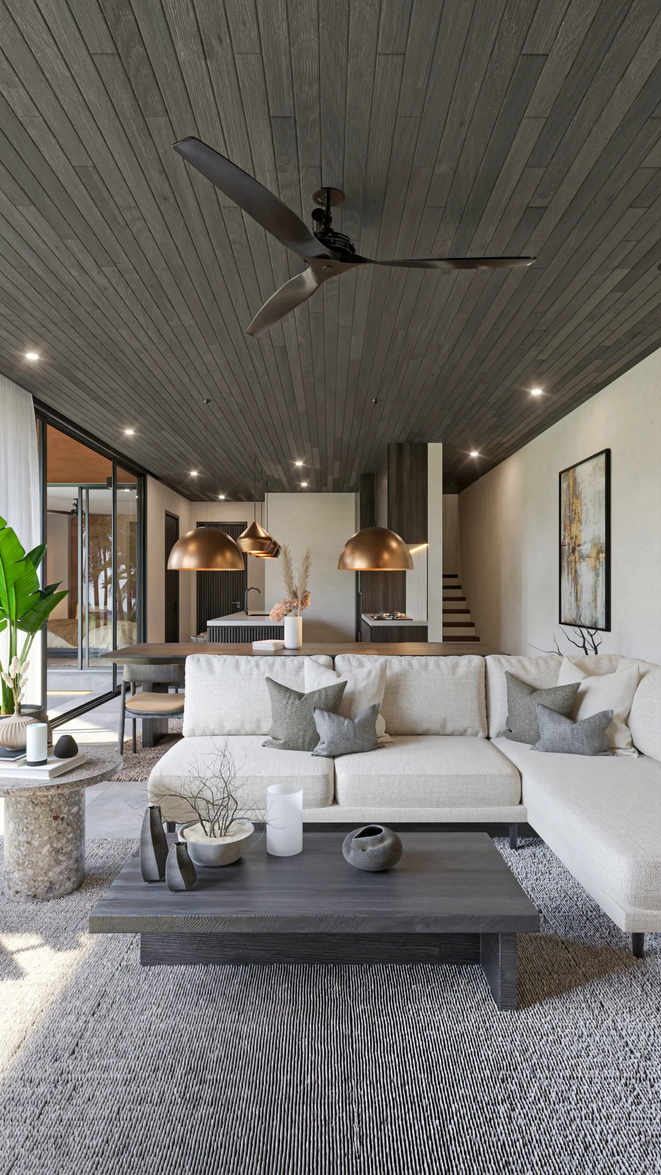 Suku 4-bedroom open-plan living and dining with timber slat ceiling, ceiling fan, copper pendants and sectional sofa