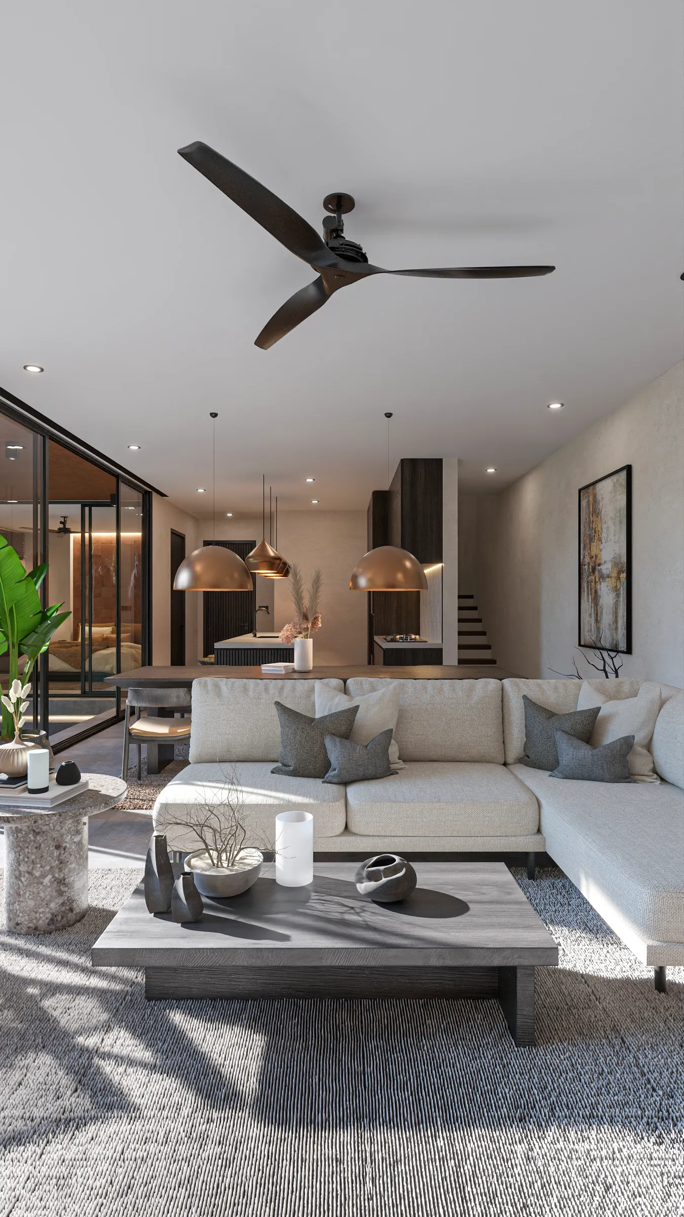 Suku 4-bedroom open-plan living and dining with painted ceiling, ceiling fan, copper pendants and sectional sofa