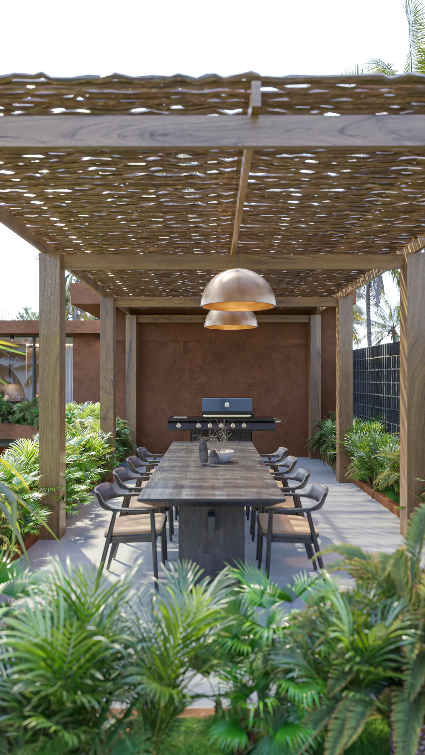 Suku 4-bedroom rooftop with bamboo-and-timber pergola, integrated BBQ, dining bench seating and copper pendant lights
