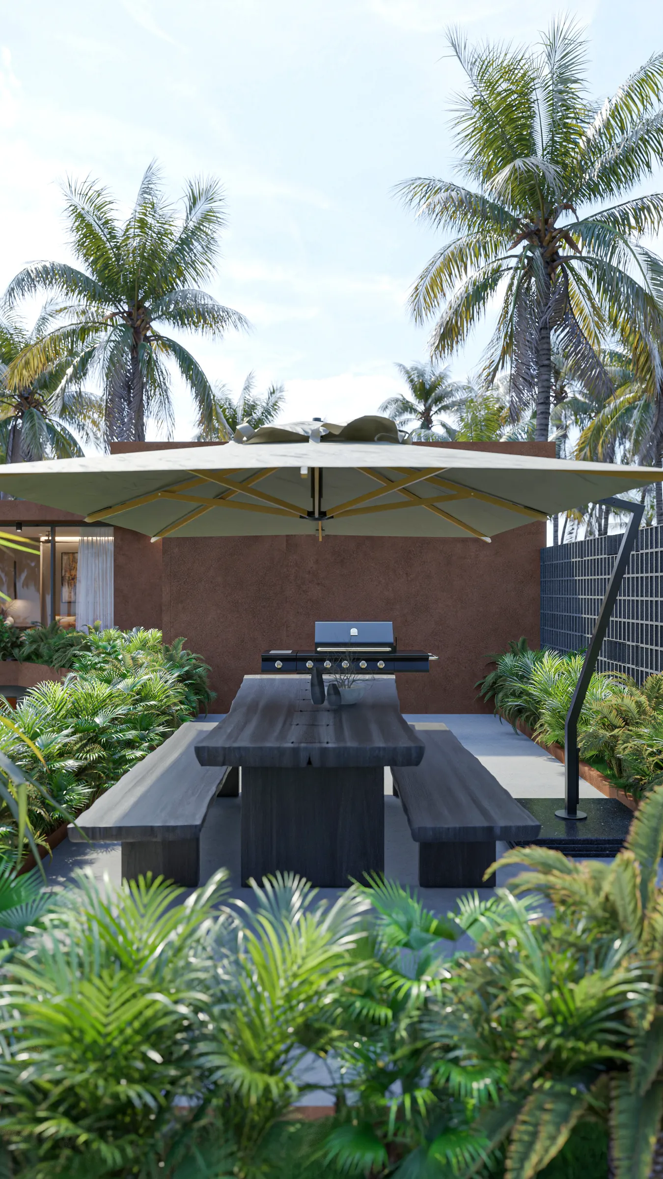 Suku 4-bedroom rooftop dining area with cantilever umbrella, timber table and palm tree backdrop