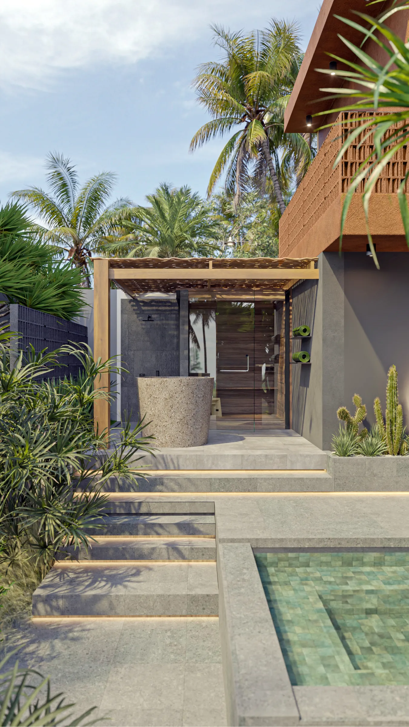 Suku 4-bedroom plunge pool zone with private sauna pavilion, stone tub and timber pergola alongside