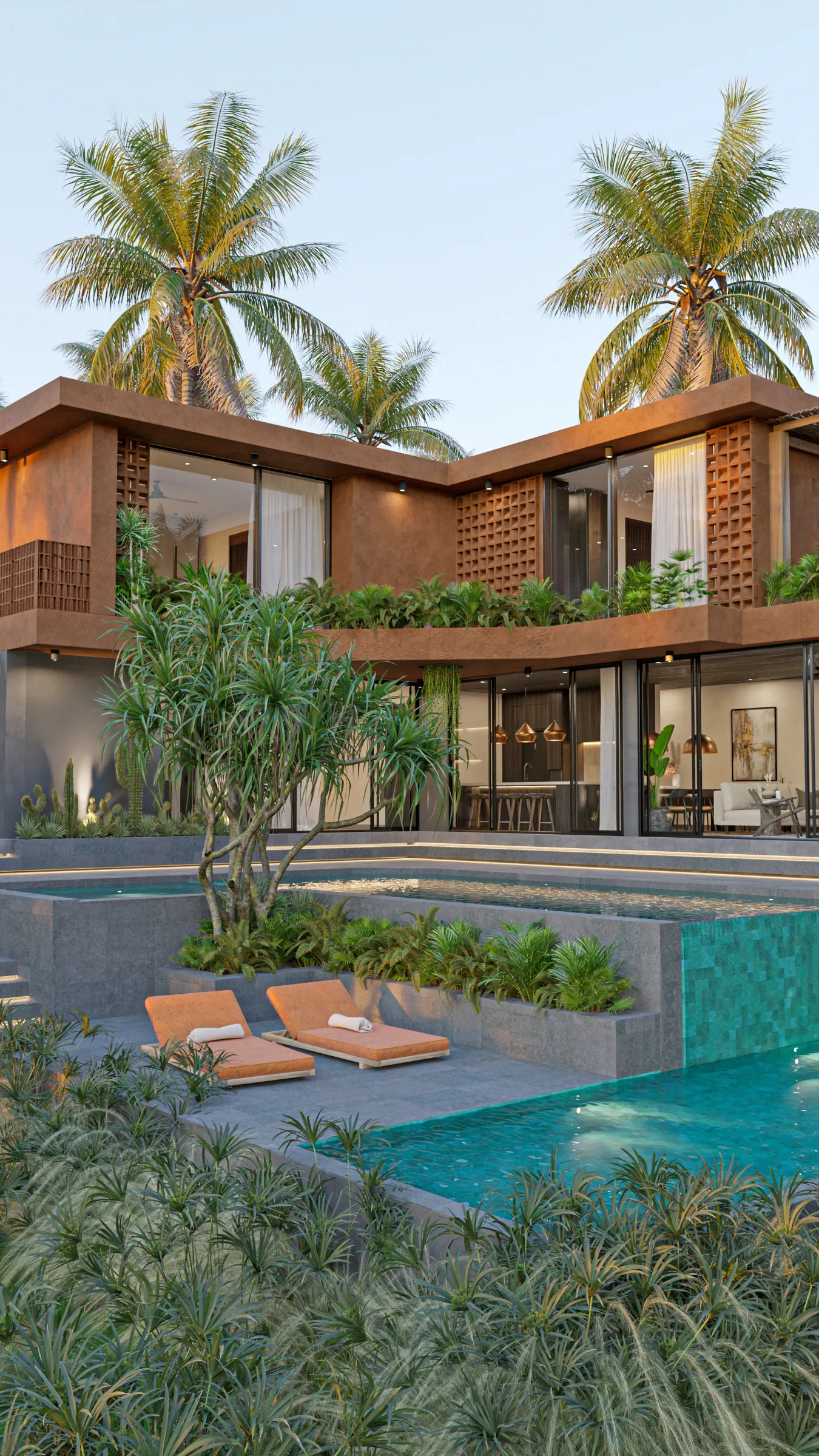Suku 4-bedroom terracotta facade with two-tier waterfall pool cascading to a lower lounge deck