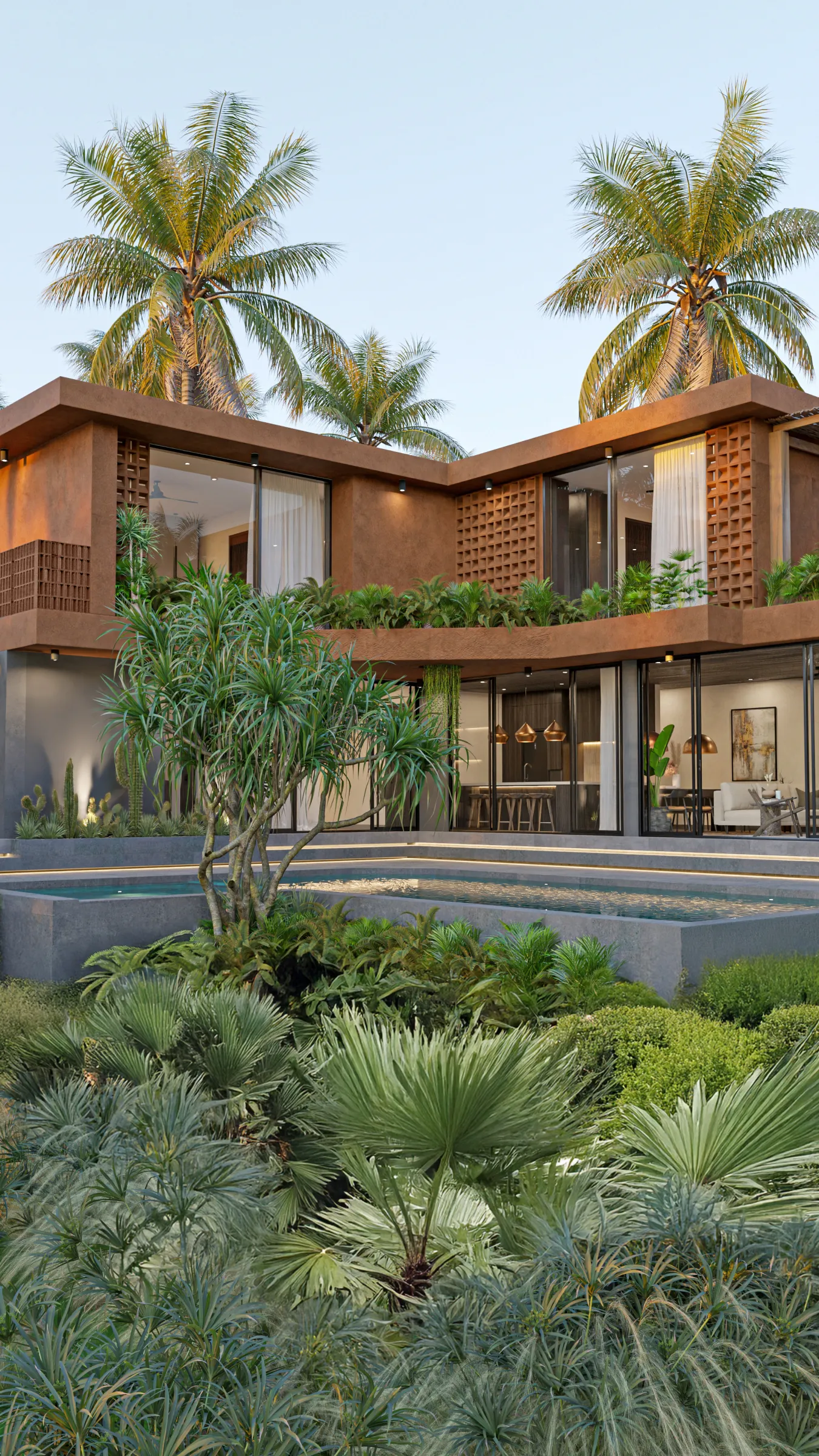 Suku 4-bedroom terracotta facade with main upper pool and tropical landscaping - base configuration