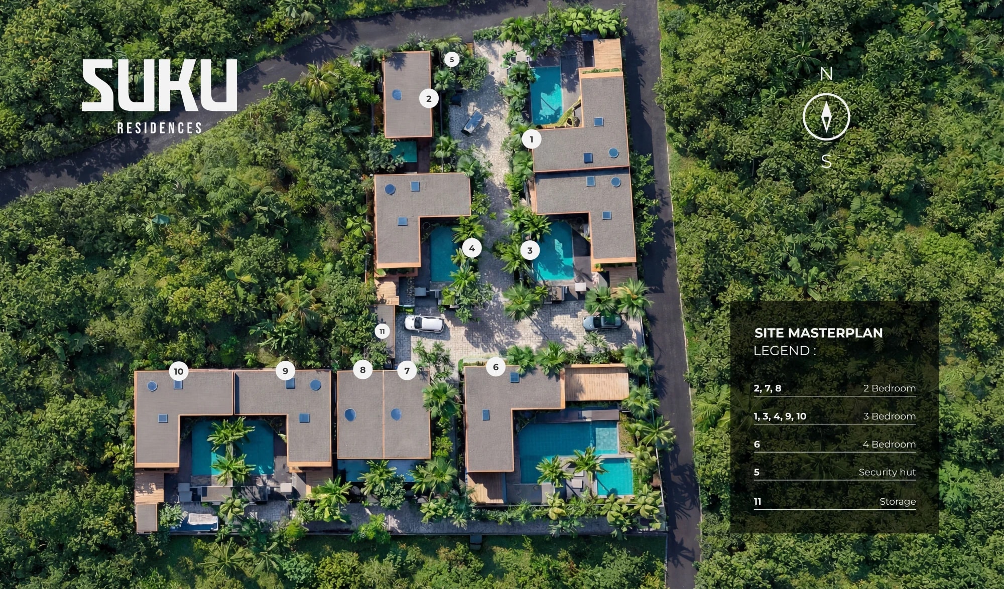 Suku Residences site masterplan - layout of all nine villas with sold/available status