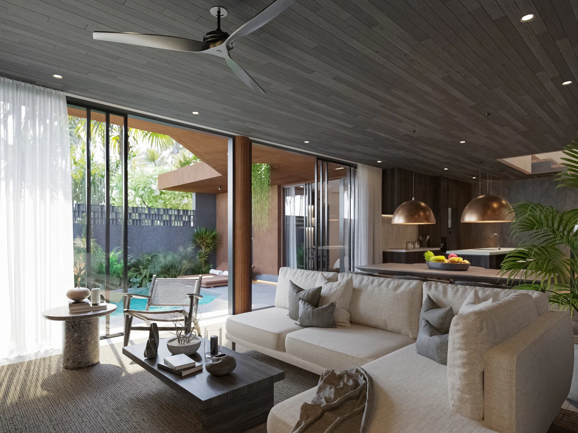 Suku living area with solid teakwood slat ceiling upgrade