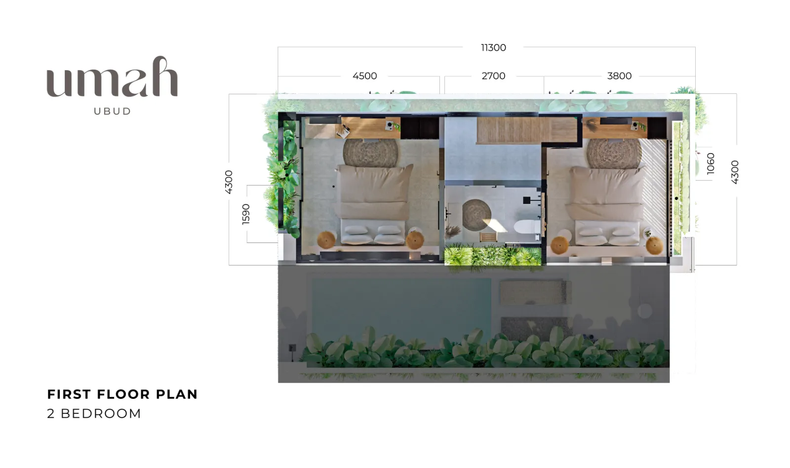Umah Ubud 2 bedroom first floor plan with two ensuite bedrooms, a central bathroom and a dressing area