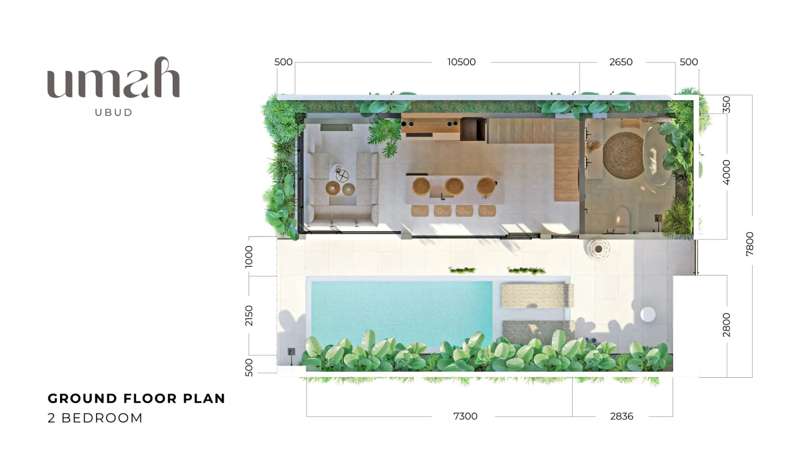 Umah Ubud 2 bedroom ground floor plan with kitchen, dining, living, pool deck and outdoor bathroom