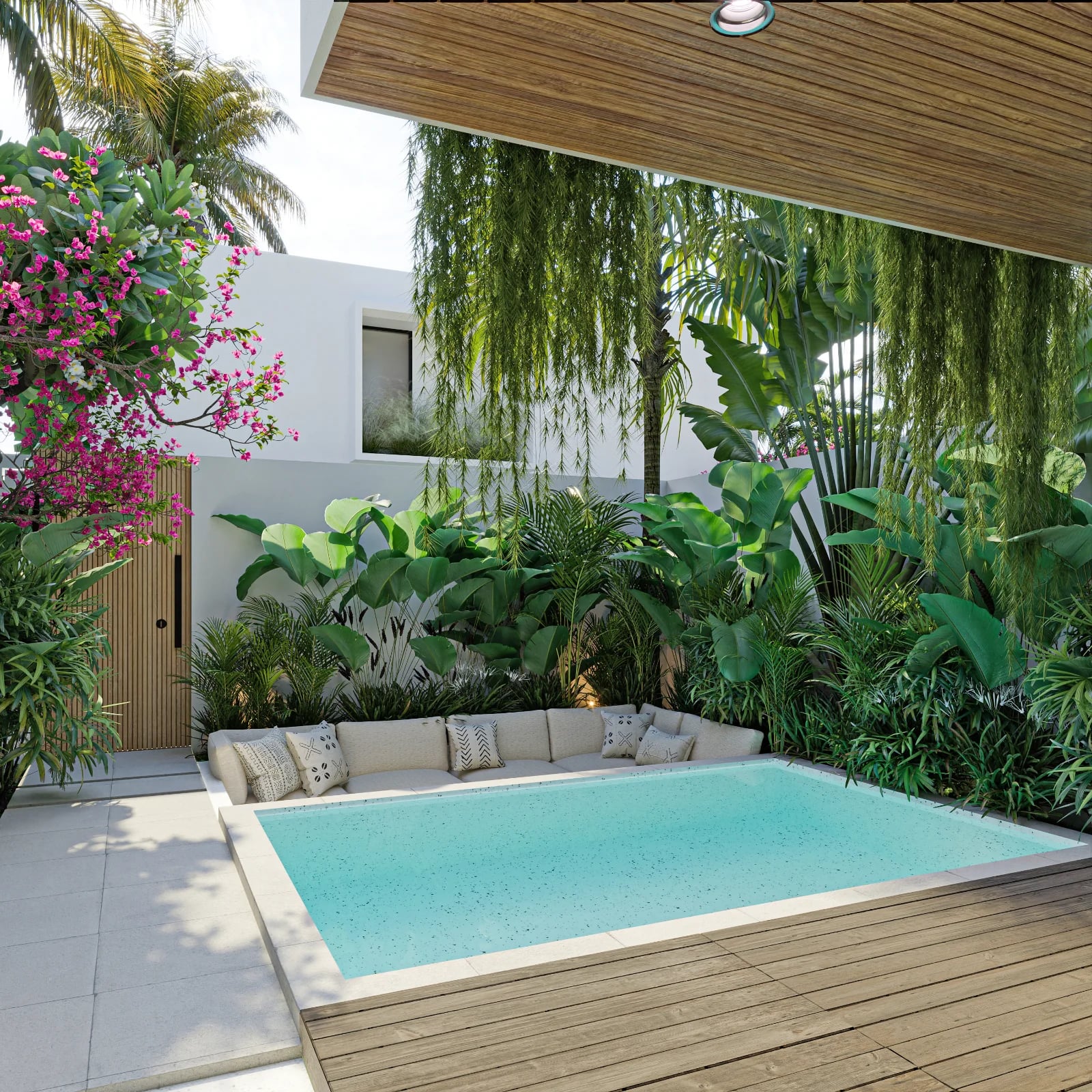 Umah Ubud - private pool with sunken outdoor lounge and timber overhang