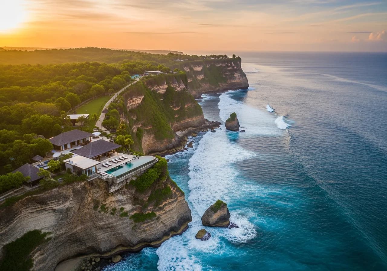 Aerial view of Bali coastline and rice terraces