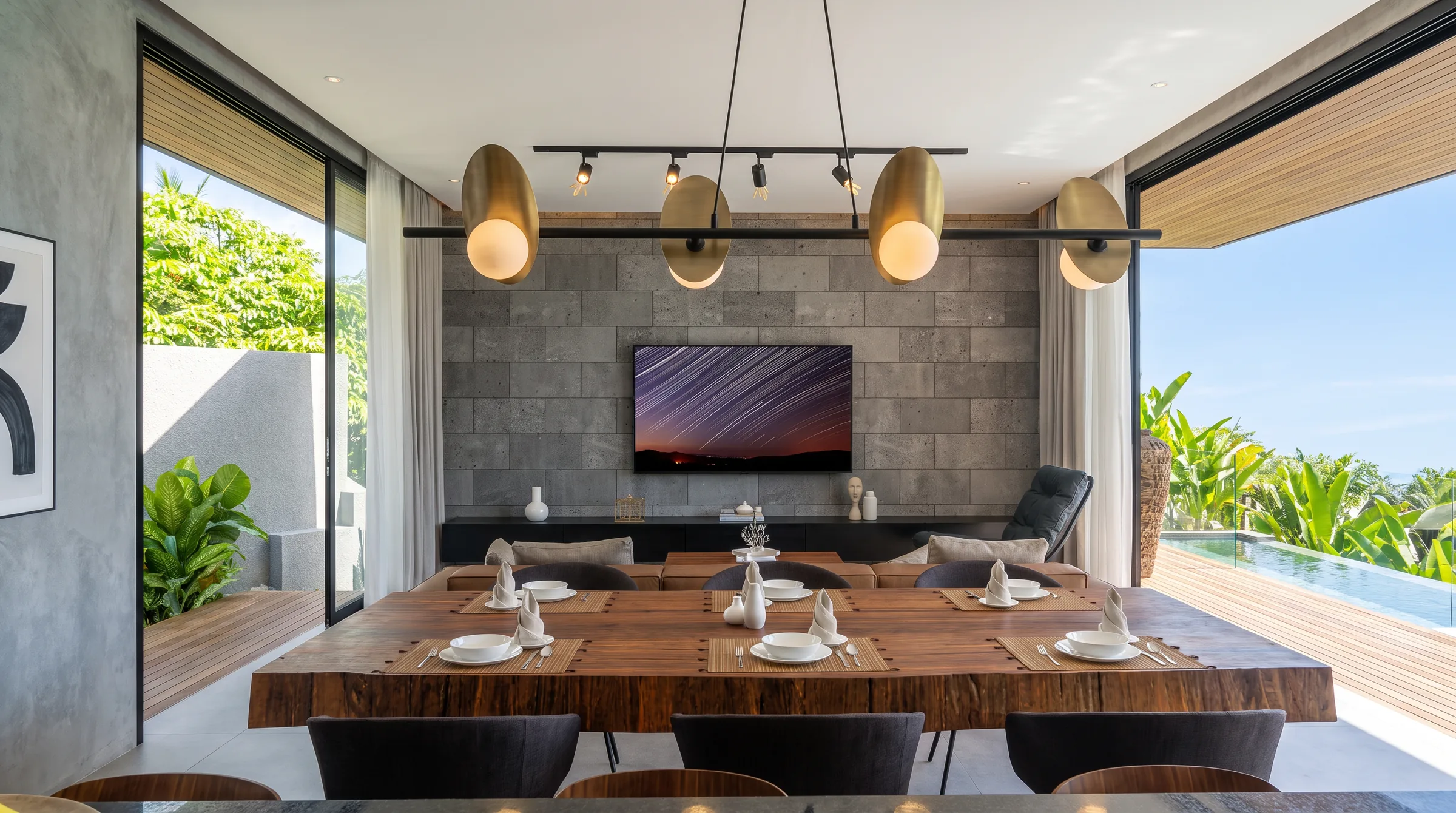 Dining table under brass pendant lights, with the pool beyond the glass, Villa Arunika