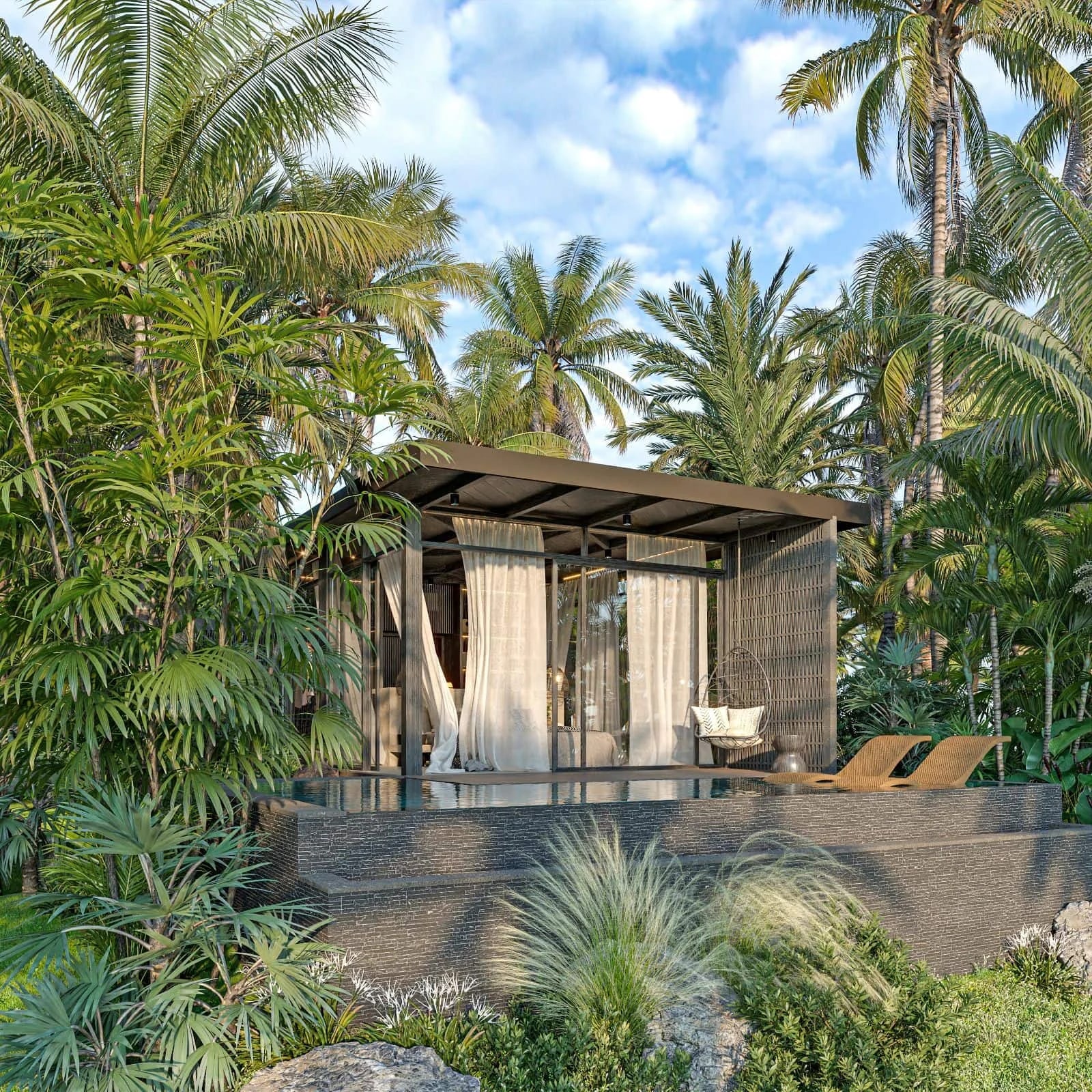 Casita Hitam, the dark-toned casita, above its private pool among palms at Desa Hut, Kerobokan