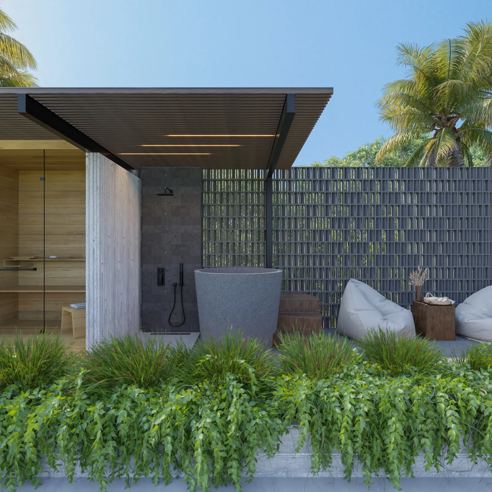 Rooftop pergola with a timber sauna, outdoor shower and round stone tub at Dasa Uluwatu