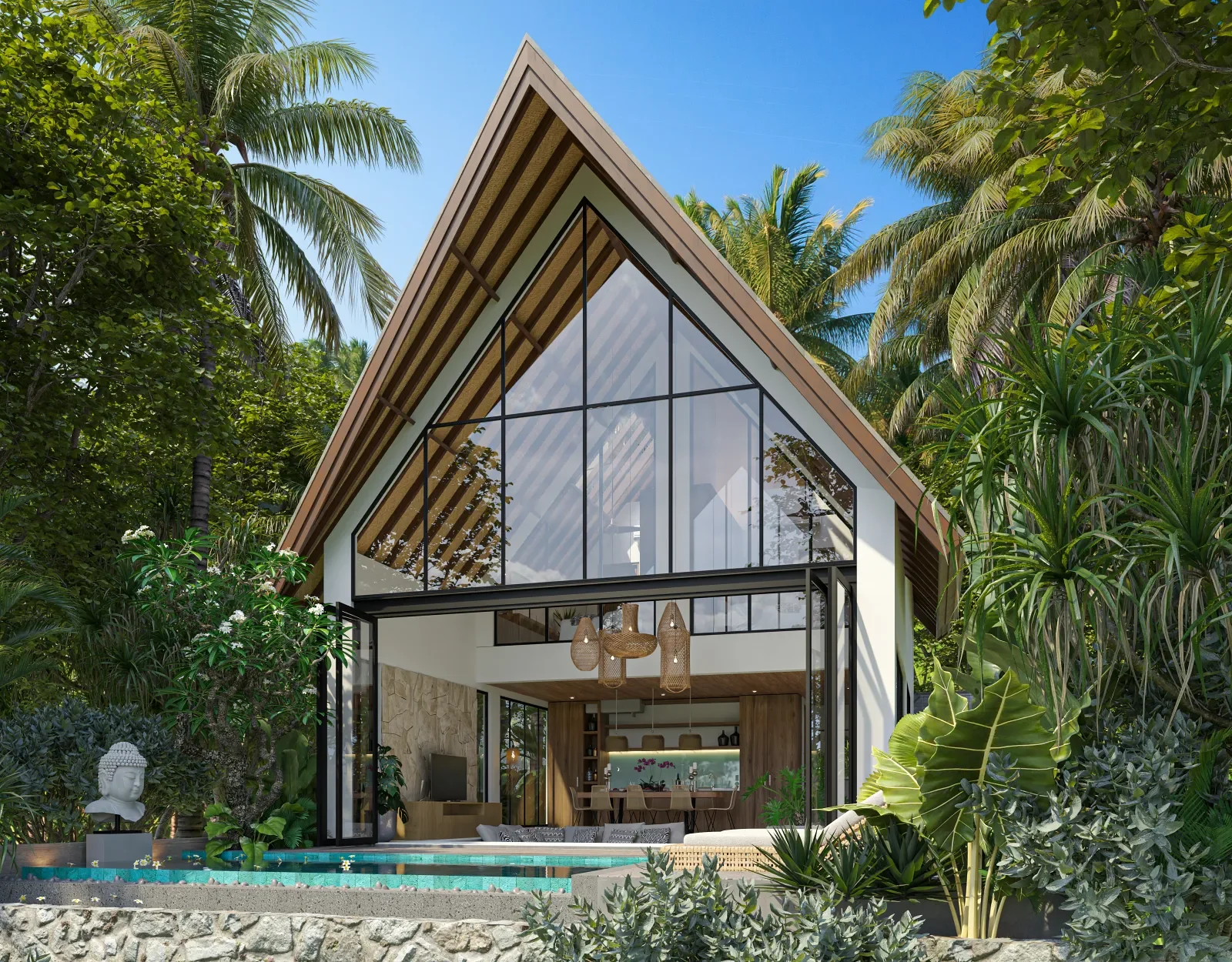 Design render of the A-frame from the side, with the pool and tropical planting in front