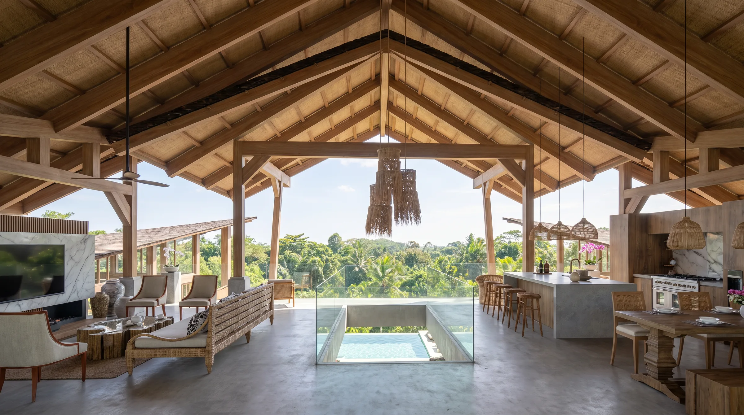 Open-sided living pavilion under a timber roof, with a glass-edged opening in the floor above the pool, a lounge, kitchen island and dining table