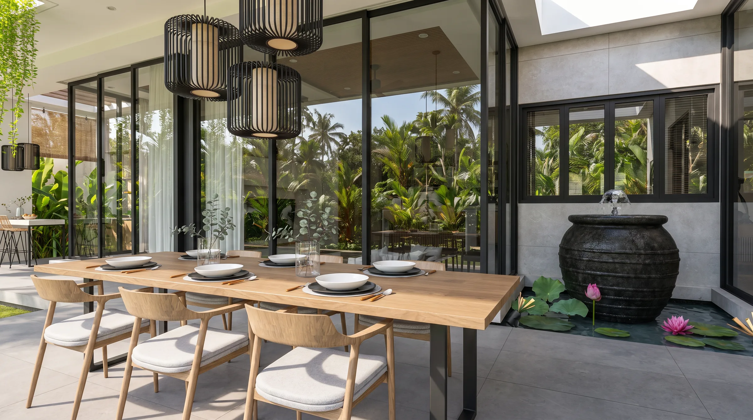 Dining table beside black-framed glass walls, with a large dark urn fountain and lotus pond