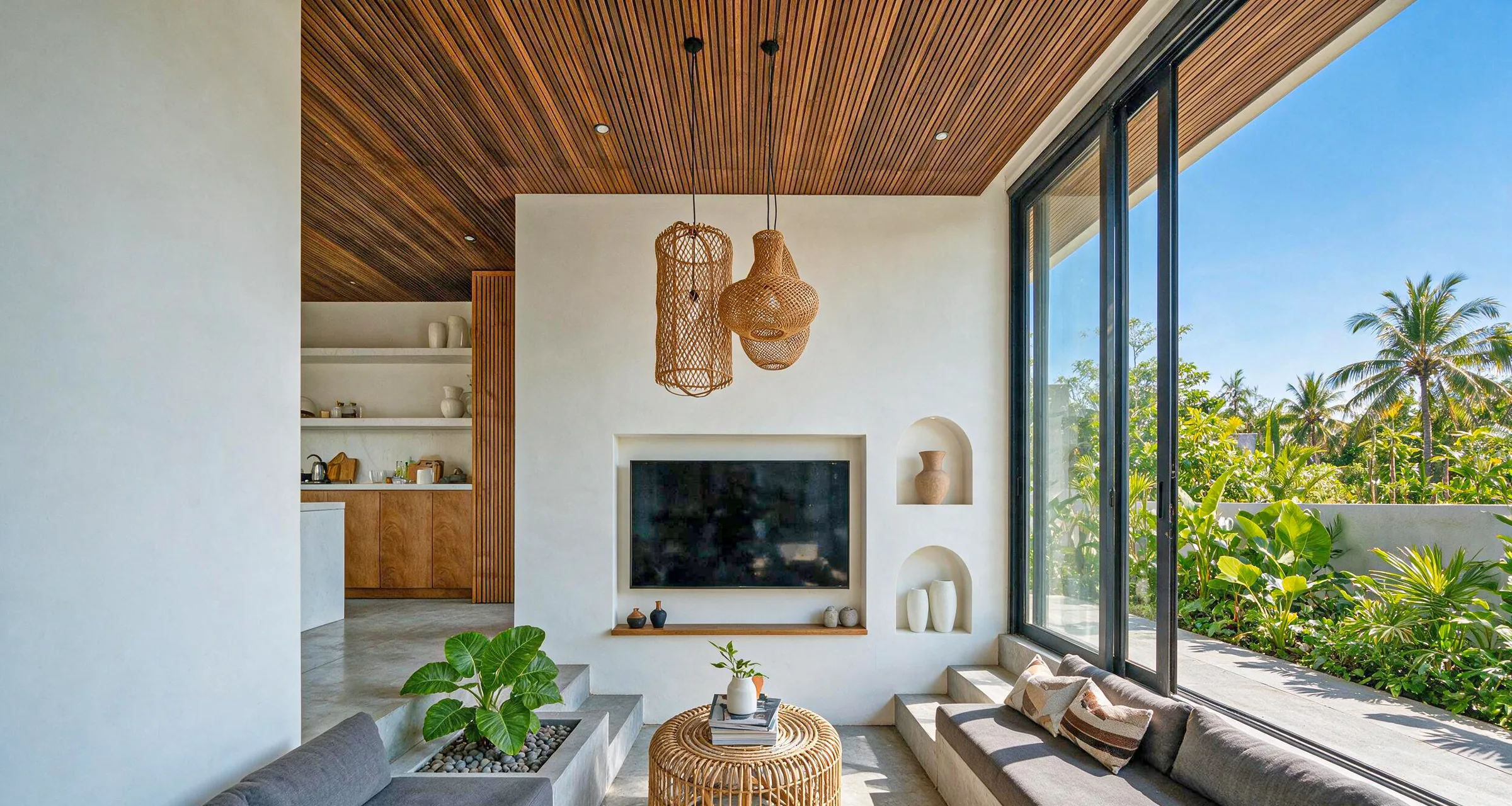 Living room with a sunken sofa, a TV wall with arched niches, woven pendants and a timber ceiling