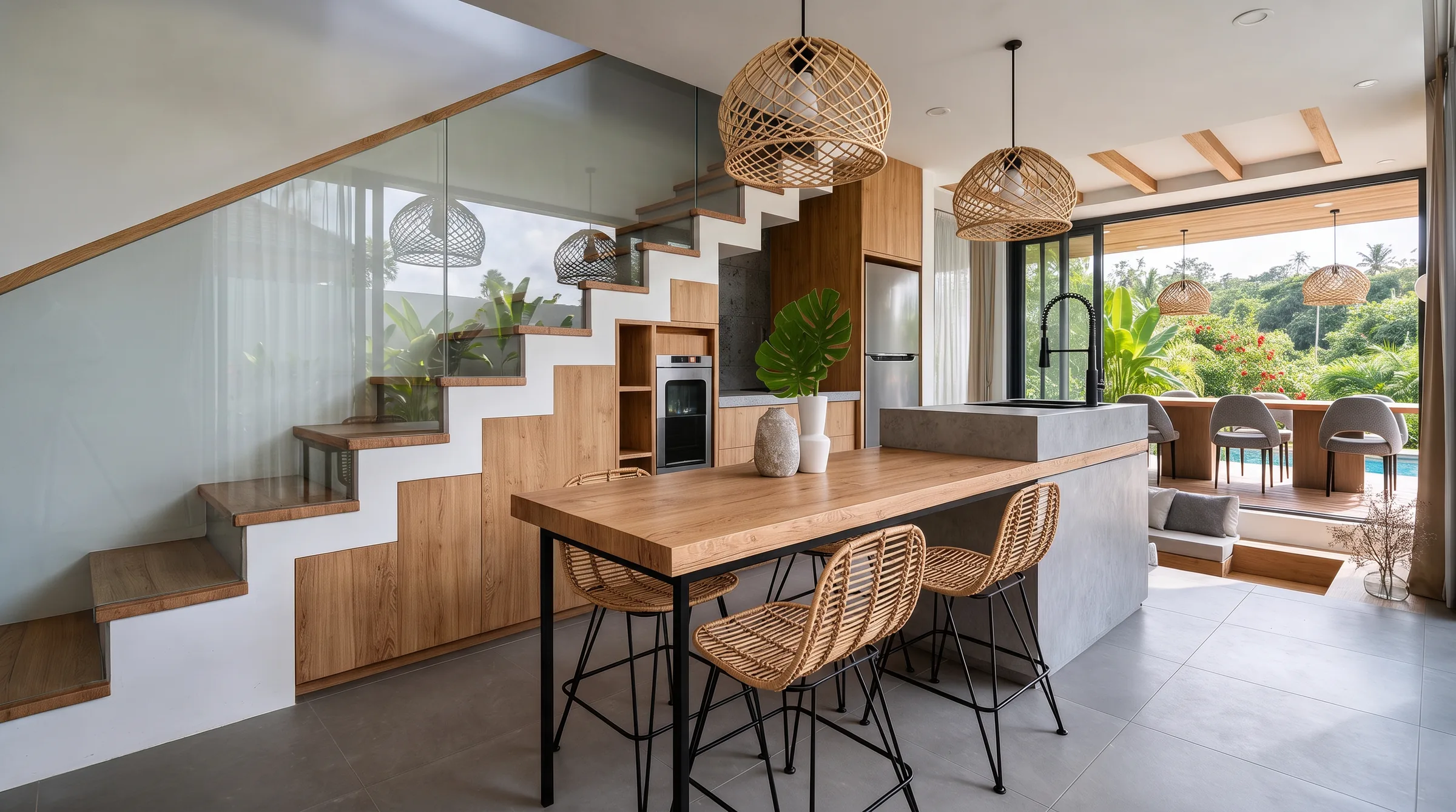 Kitchen and dining area with a timber breakfast table, rattan stools and a stair with a glass balustrade, open to the garden