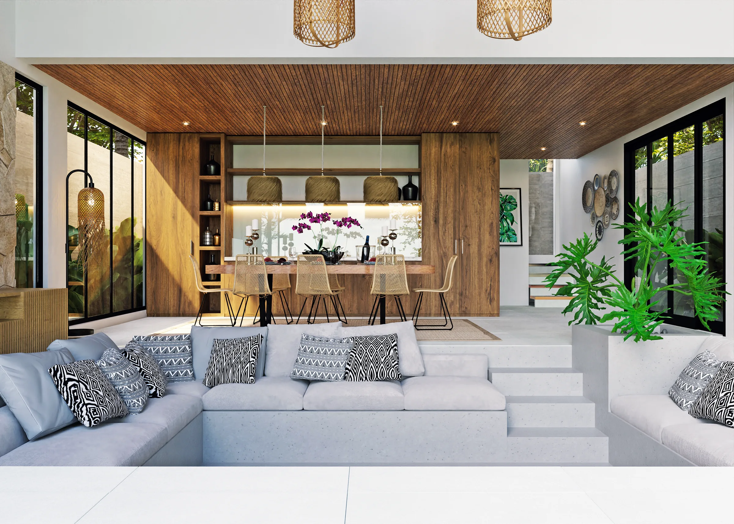 Sunken living area in front of the open kitchen, Tukad Huts two-bedroom